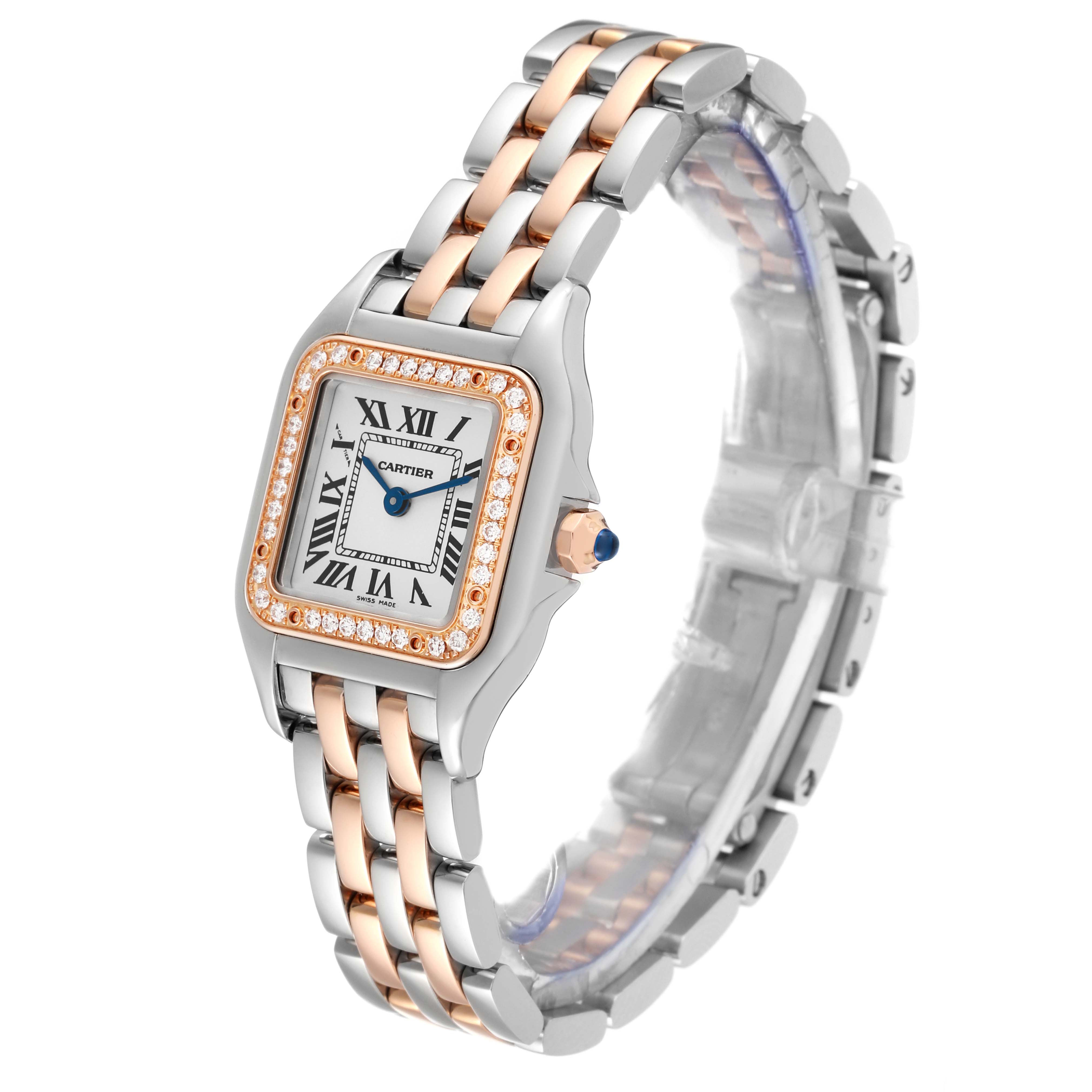 The image shows a Cartier Panthere W3PN0006 Women's Steel and Gold (two tone) Silver Dial W3PN0006 Women's Steel and Gold (two tone) Silver Dial watch at a three-quarter angle, highlighting its two-tone bracelet and square, diamond-encrusted face.