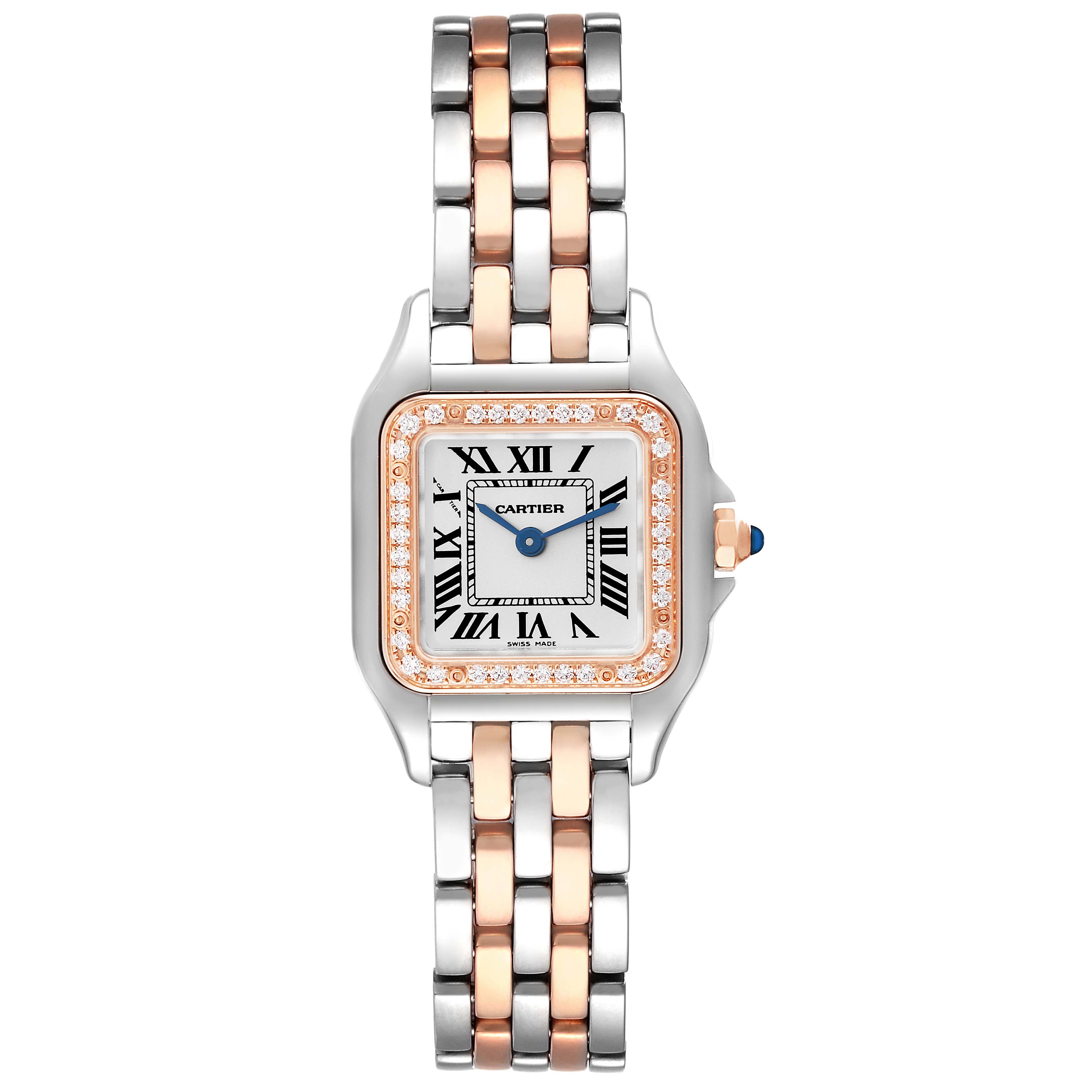 The image shows a front view of the Cartier Panthere W3PN0006 Women's Steel and Gold (two tone) Silver Dial W3PN0006 Women's Steel and Gold (two tone) Silver Dial watch, highlighting its two-tone bracelet and diamond-set bezel.