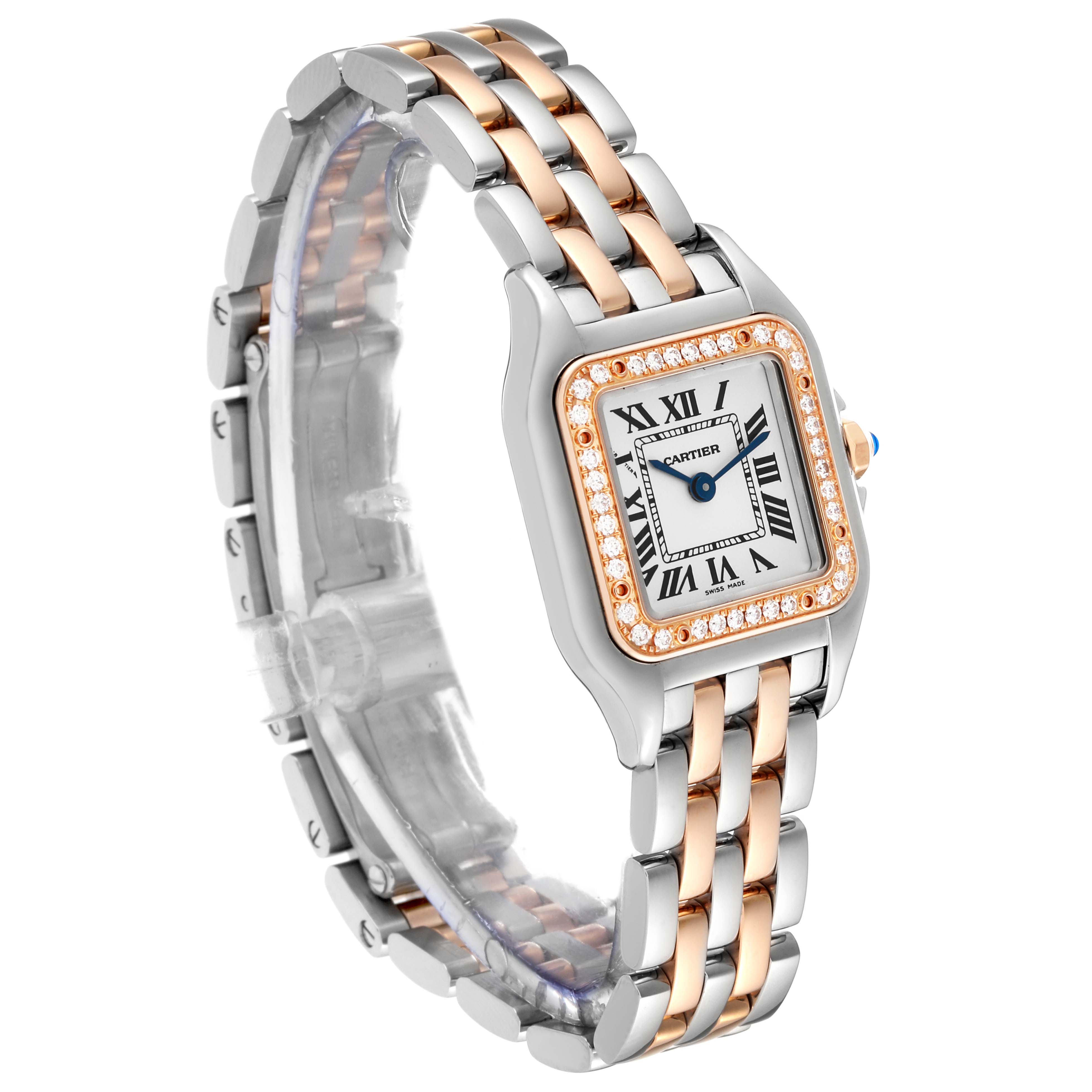 This image shows a Panthere model by Cartier from a three-quarter angle, highlighting its two-tone bracelet and diamond bezel.