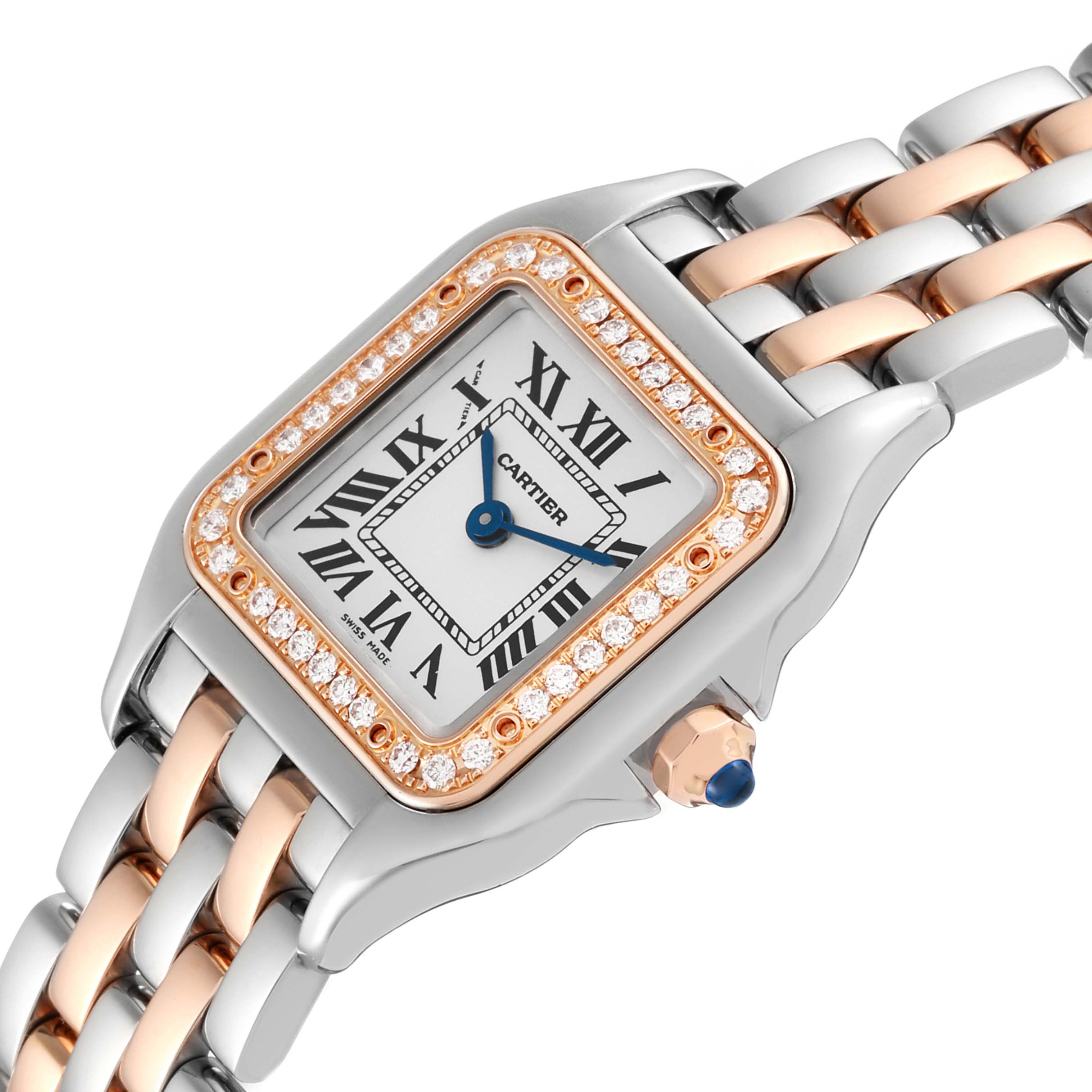 The Cartier Panthere W3PN0006 Women's Steel and Gold (two tone) Silver Dial W3PN0006 Women's Steel and Gold (two tone) Silver Dial watch is shown at an angled close-up, featuring the face, bezel, crown, and part of the bracelet.