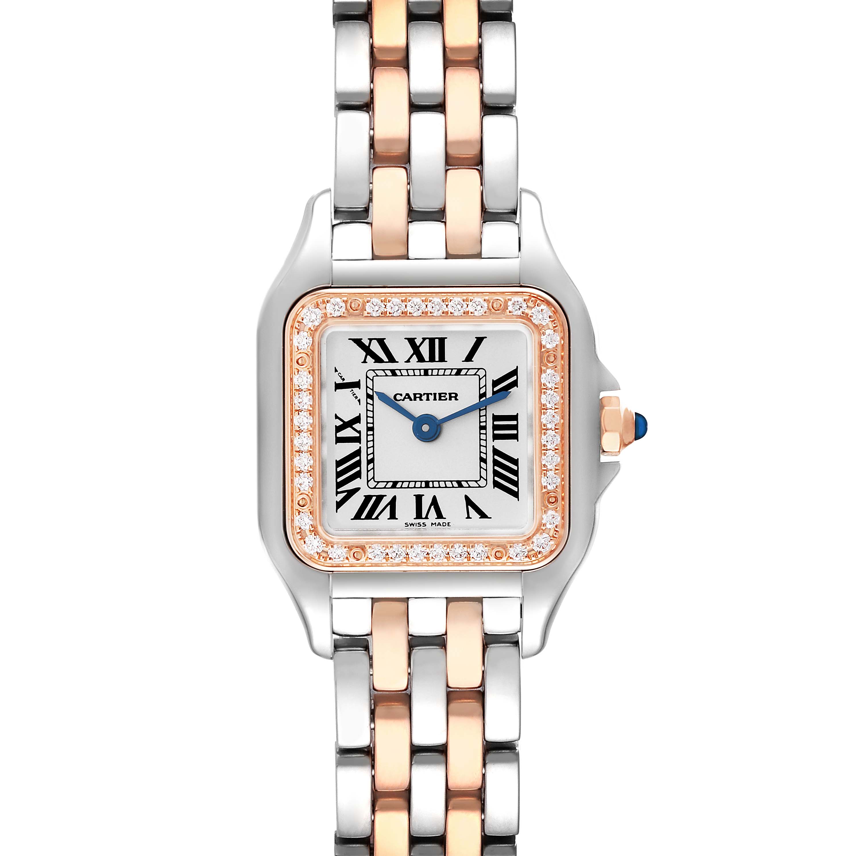 The image shows a front view of the Cartier Panthere W3PN0006 Women's Steel and Gold (two tone) Silver Dial W3PN0006 Women's Steel and Gold (two tone) Silver Dial watch, highlighting its face, bezel, and two-tone bracelet.