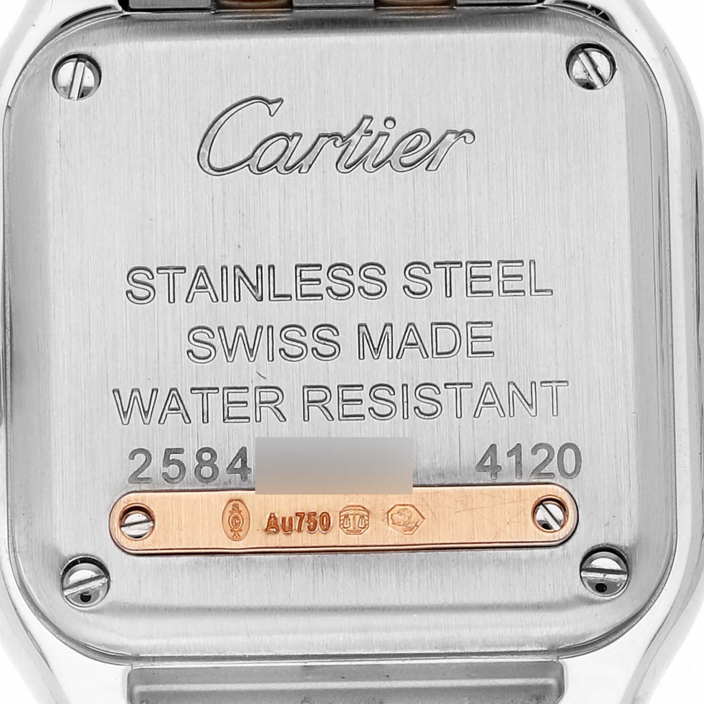 This image shows the back case of a Cartier Panthere W3PN0006 Women's Steel and Gold (two tone) Silver Dial W3PN0006 Women's Steel and Gold (two tone) Silver Dial watch, highlighting its model details and material information.