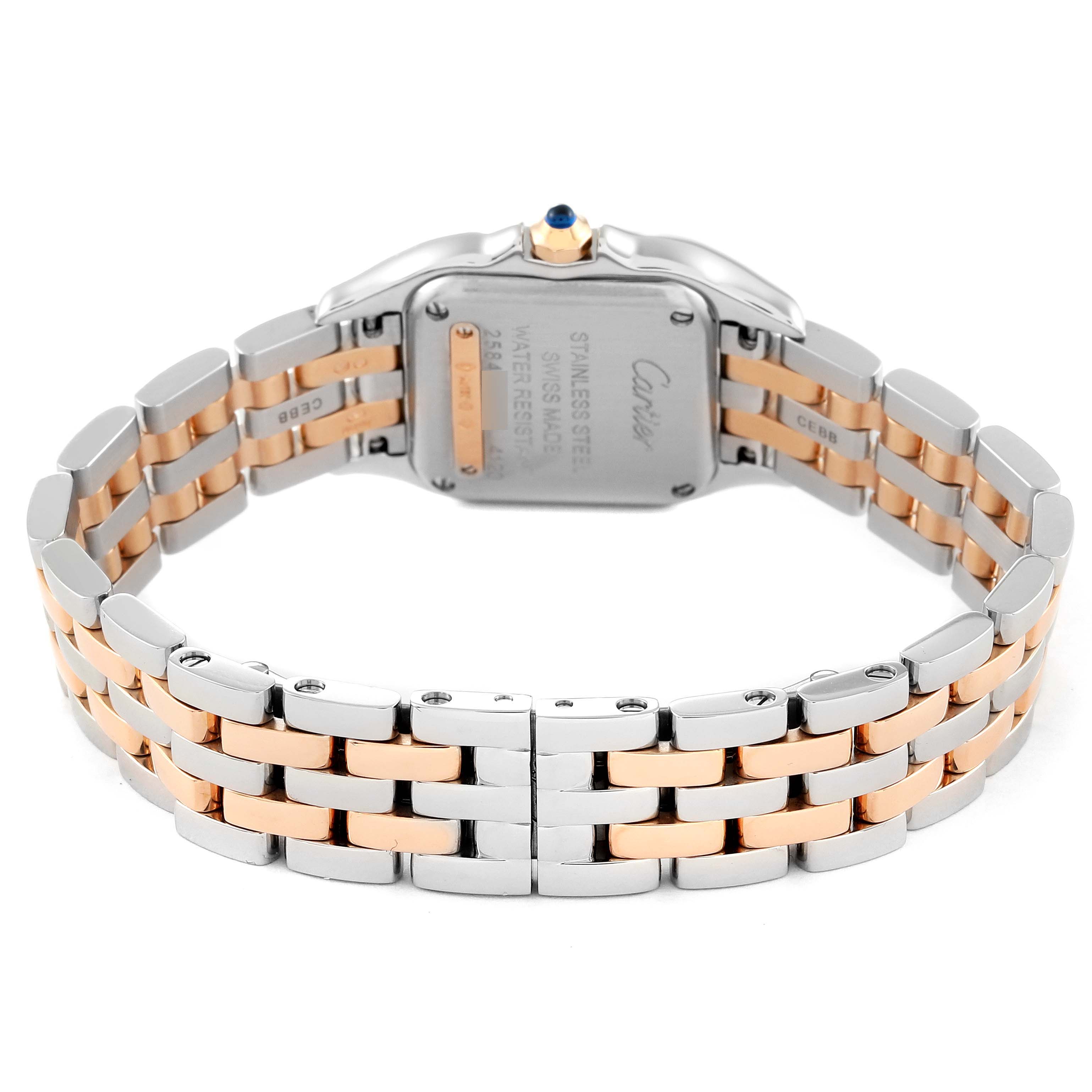 This image shows the back of a Cartier Panthere W3PN0006 Women's Steel and Gold (two tone) Silver Dial W3PN0006 Women's Steel and Gold (two tone) Silver Dial watch, highlighting the two-tone bracelet and case back.