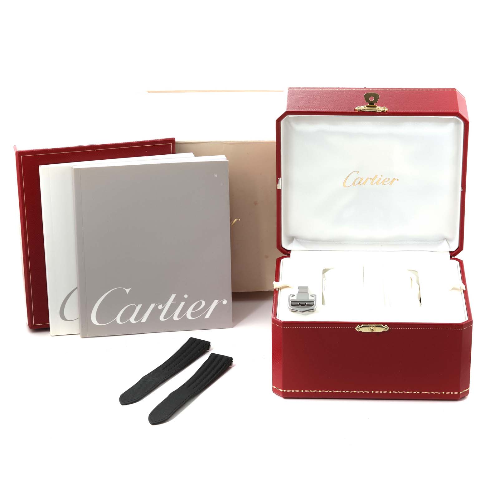 The image shows a Cartier Roadster W62025V3 Men's Stainless Steel Silver Dial W62025V3 Men's Stainless Steel Silver Dial watch box set including manuals, two additional straps, and the inner watch storage box lid open.
