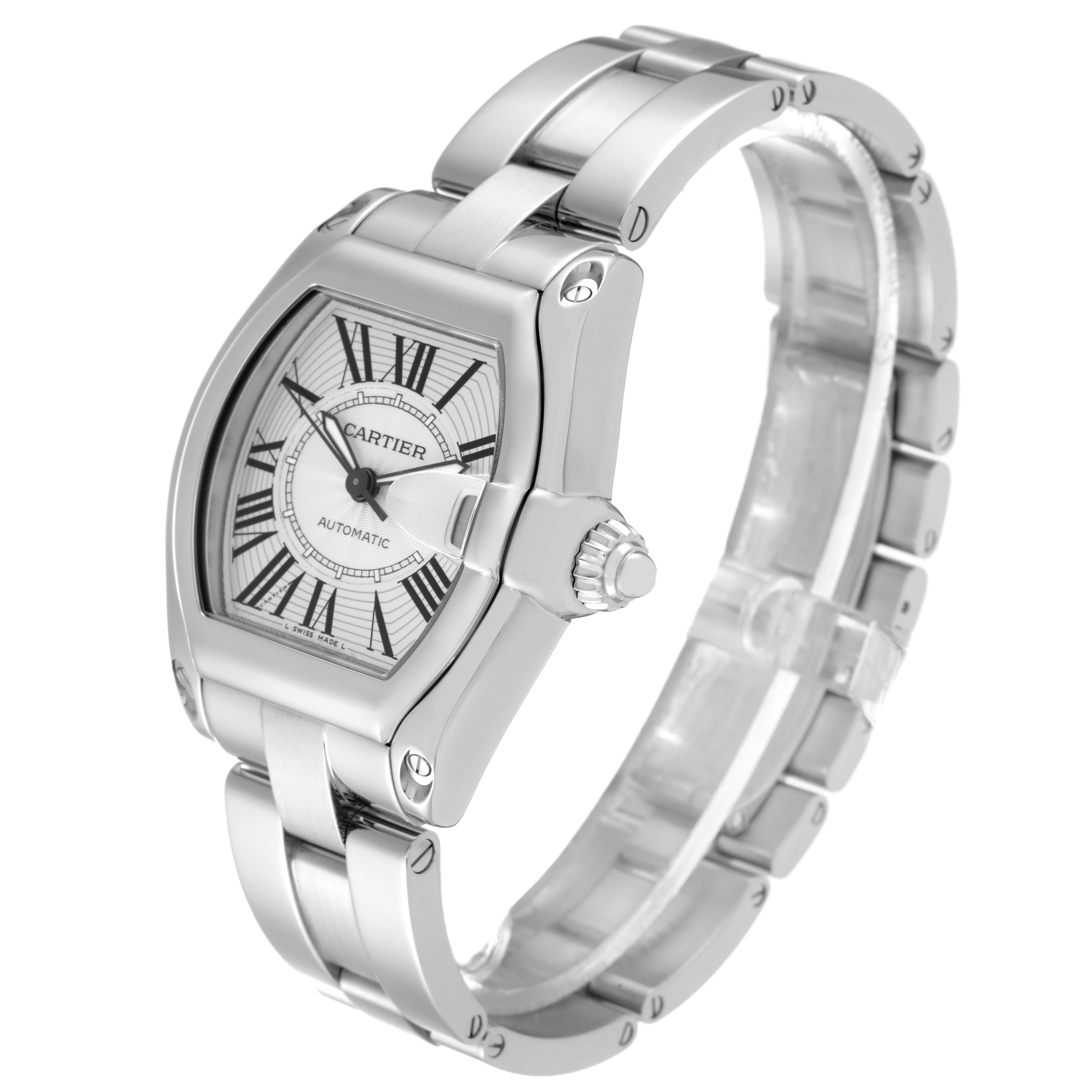 This image shows a Cartier Roadster W62025V3 Men's Stainless Steel Silver Dial W62025V3 Men's Stainless Steel Silver Dial watch at a three-quarter angle, highlighting the bracelet, case, and dial.