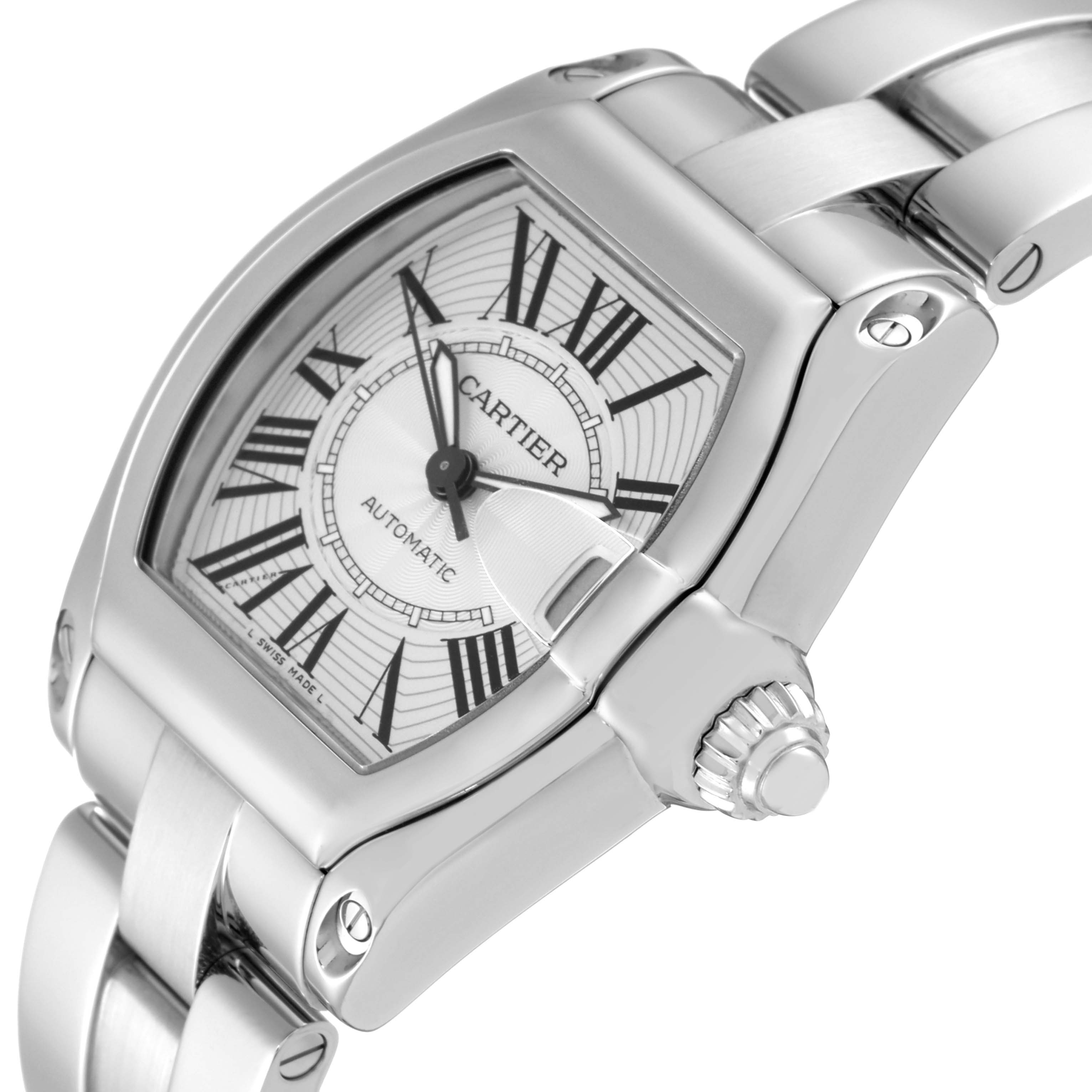 The image shows a close-up angled view of the Cartier Roadster W62025V3 Men's Stainless Steel Silver Dial W62025V3 Men's Stainless Steel Silver Dial watch, highlighting the face, bezel, crown, and part of the bracelet.