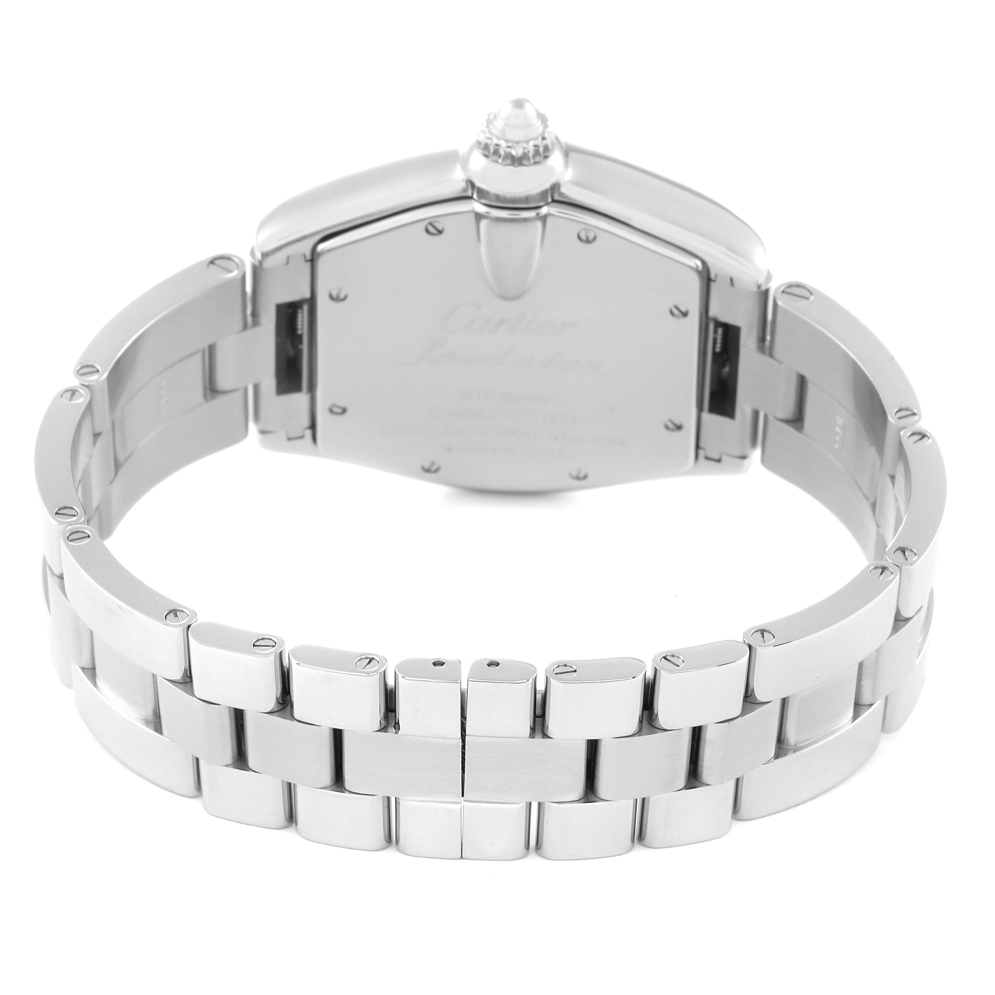 This image shows the back view of the Cartier Roadster W62025V3 Men's Stainless Steel Silver Dial W62025V3 Men's Stainless Steel Silver Dial watch, focusing on the case back and stainless steel bracelet.