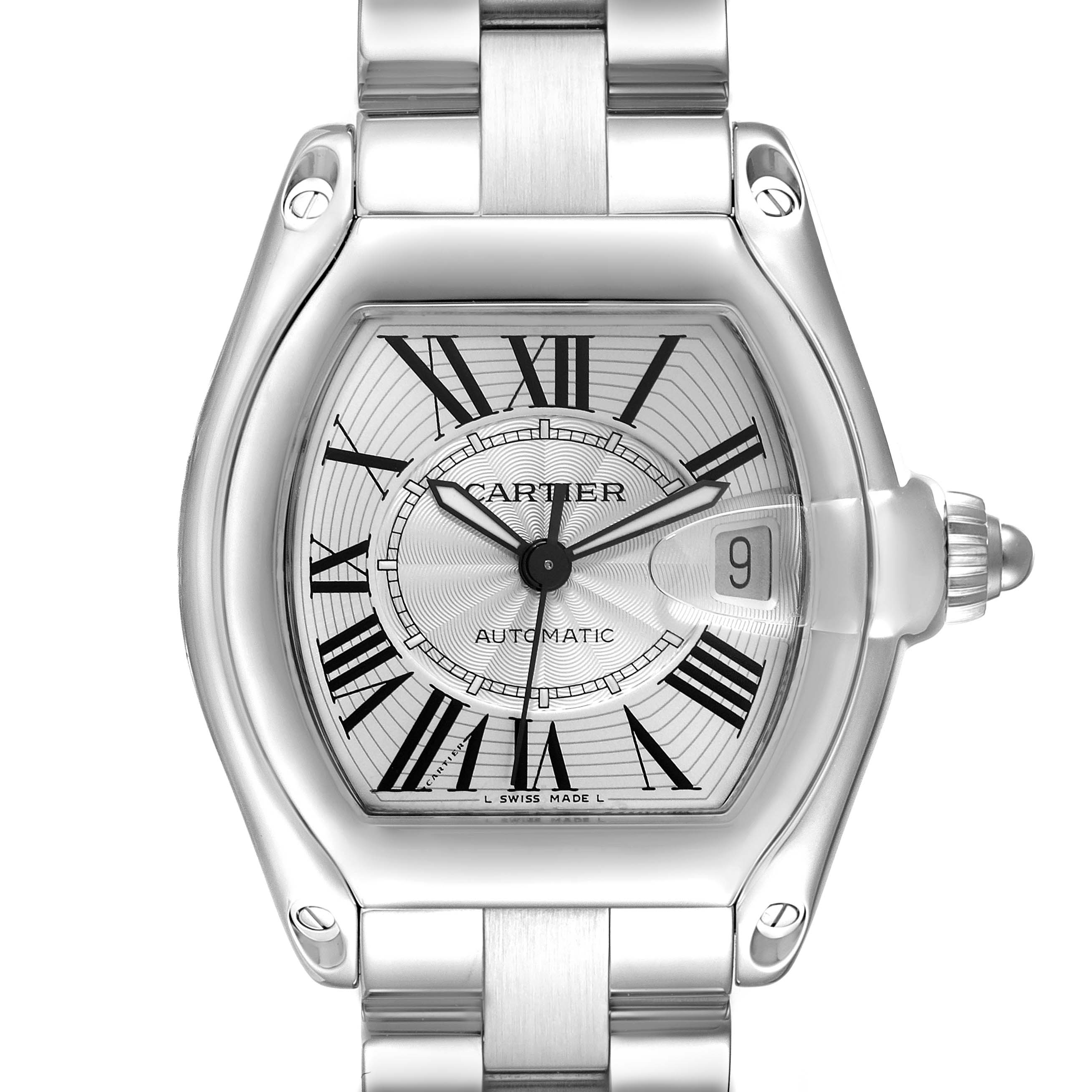 The image shows a frontal view of the Cartier Roadster W62025V3 Men's Stainless Steel Silver Dial W62025V3 Men's Stainless Steel Silver Dial watch, highlighting the dial, bezel, crown, and bracelet.