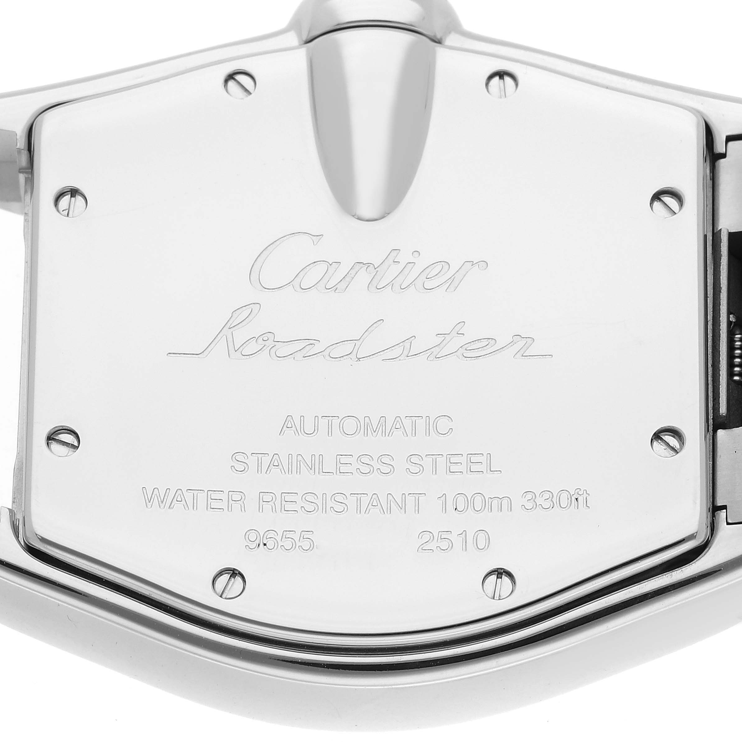 Shown is the back case of a Cartier Roadster W62025V3 Men's Stainless Steel Silver Dial W62025V3 Men's Stainless Steel Silver Dial watch, highlighting its automatic movement and water resistance.