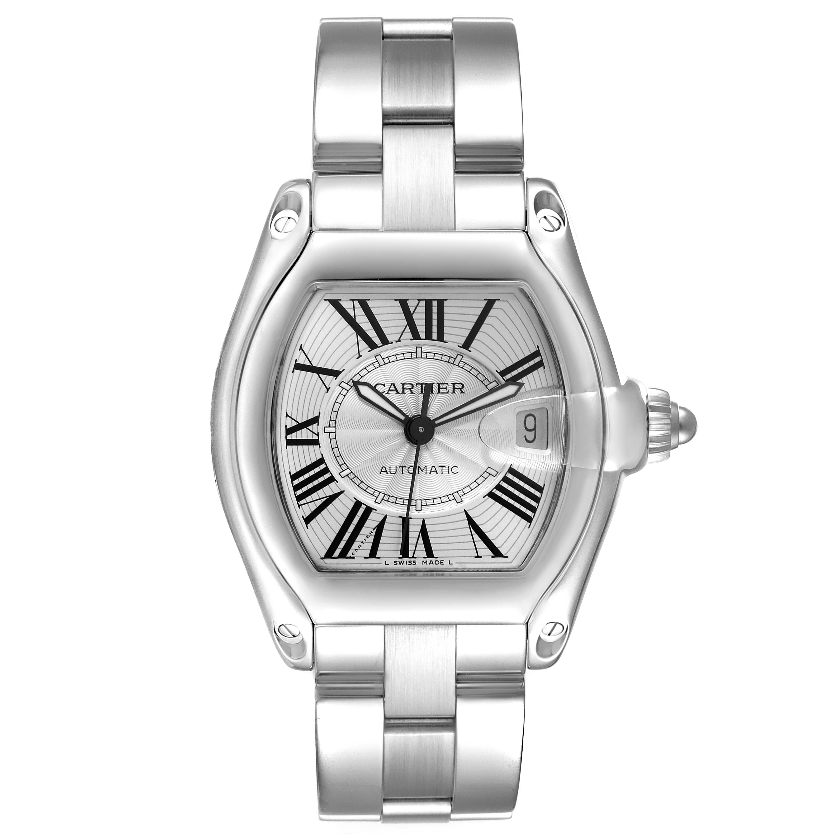 The image shows a front view of the Cartier Roadster W62025V3 Men's Stainless Steel Silver Dial W62025V3 Men's Stainless Steel Silver Dial watch, displaying its face, case, and part of the bracelet.
