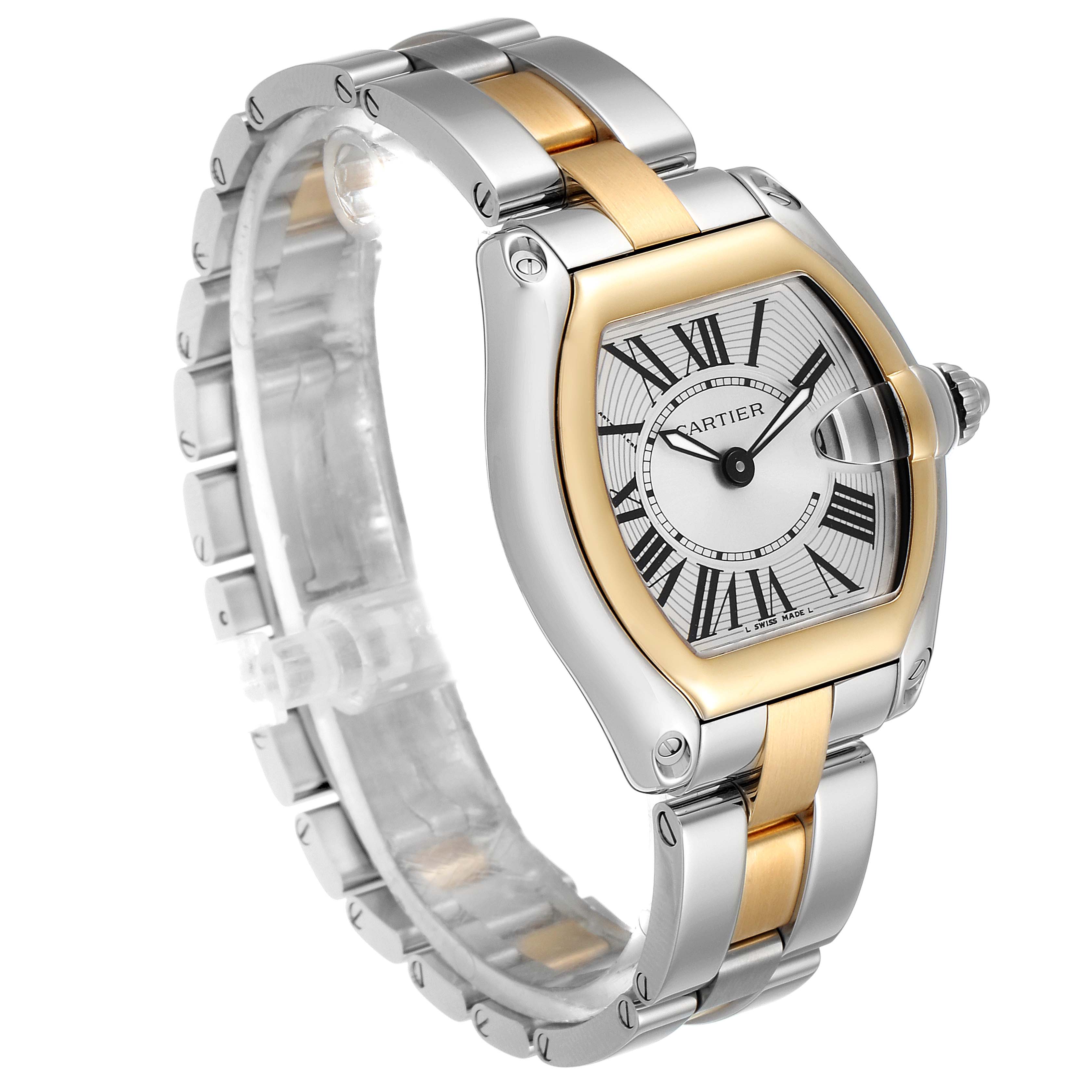 The Cartier Roadster W62026Y4 Women's Steel and Gold (two tone) Silver Dial W62026Y4 Women's Steel and Gold (two tone) Silver Dial watch is shown at a three-quarter angle, highlighting its face, bezel, and two-tone metal bracelet.