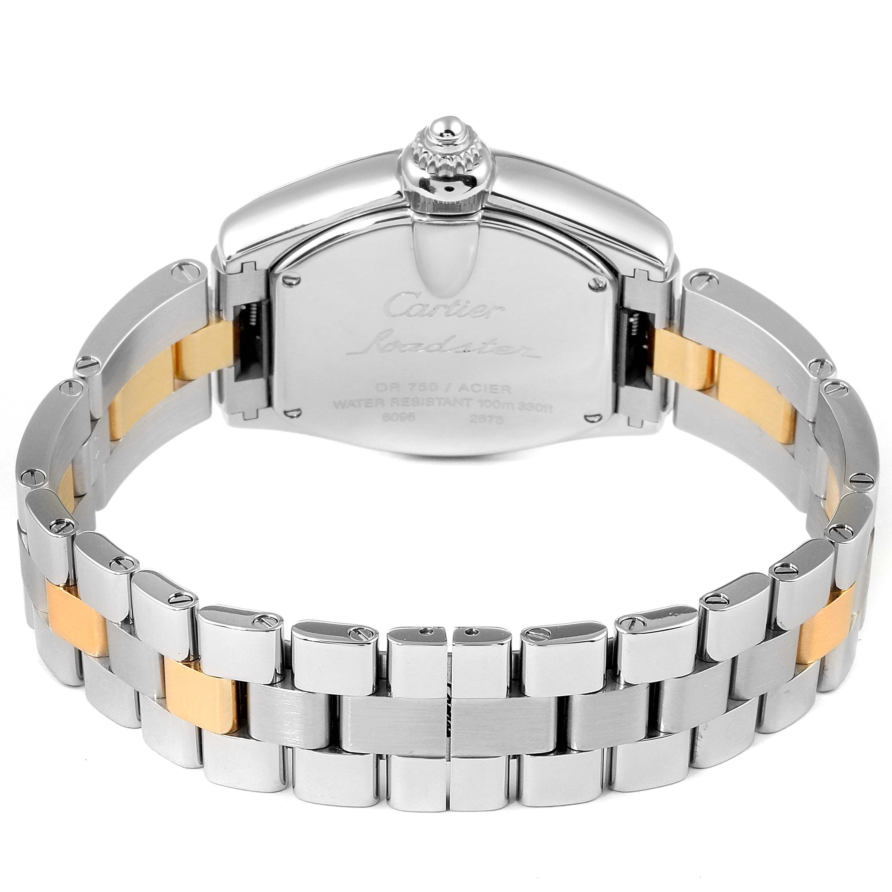The image shows the back case and metal bracelet of the Cartier Roadster W62026Y4 Women's Steel and Gold (two tone) Silver Dial W62026Y4 Women's Steel and Gold (two tone) Silver Dial watch from a rear angle.