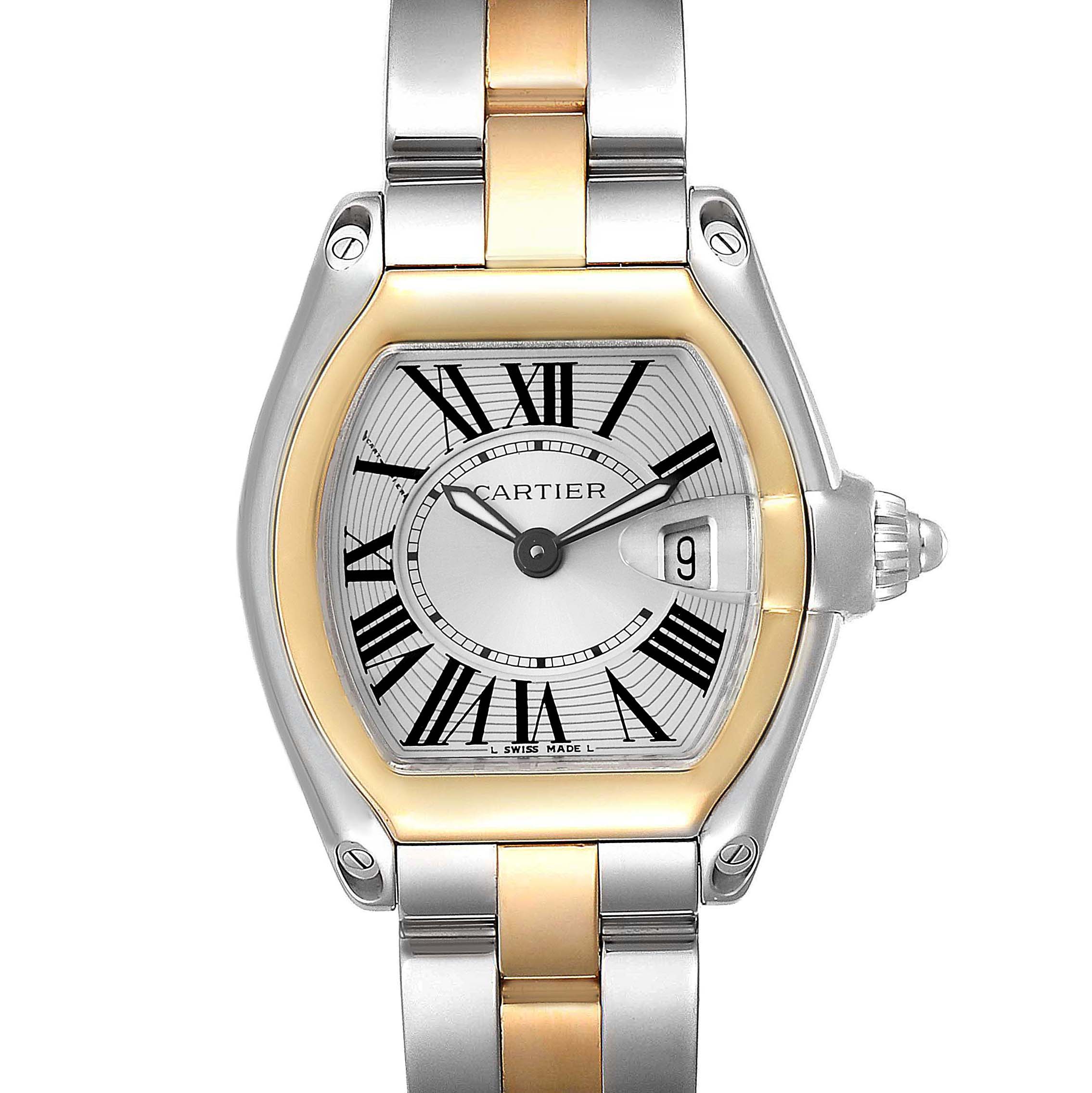 The image shows a front view of the Cartier Roadster W62026Y4 Women's Steel and Gold (two tone) Silver Dial W62026Y4 Women's Steel and Gold (two tone) Silver Dial watch, highlighting its dial, hands, and two-tone metal bracelet.