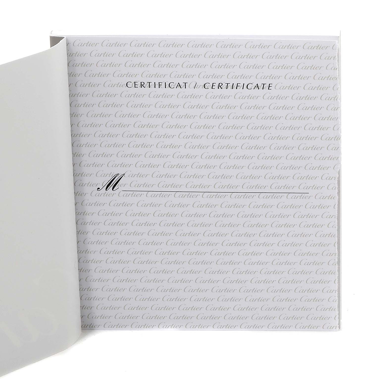 The image shows the certificate papers for the Cartier Roadster W62026Y4 Women's Steel and Gold (two tone) Silver Dial W62026Y4 Women's Steel and Gold (two tone) Silver Dial model watch, with "Cartier" written repeatedly in the background.