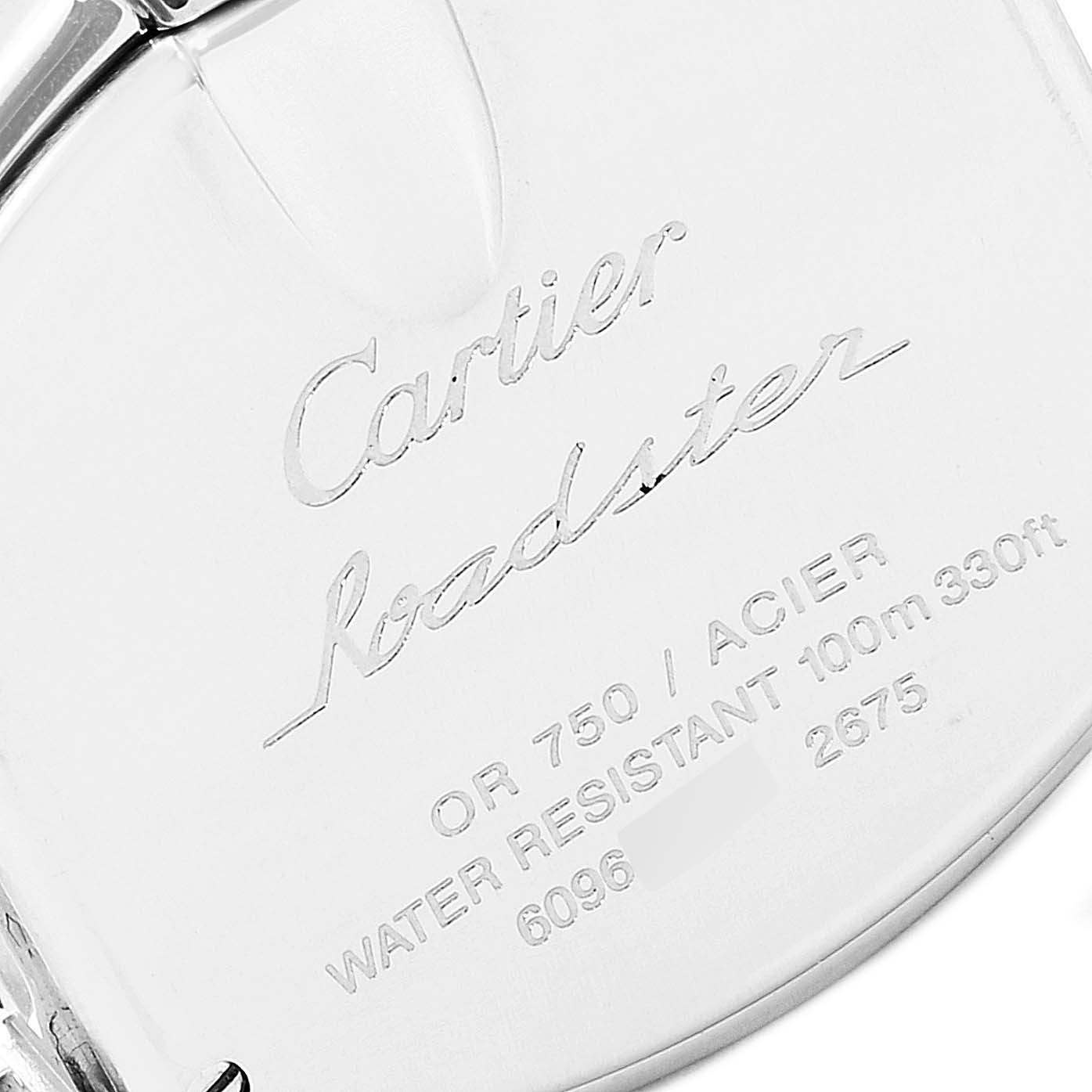 This image shows the back of a Cartier Roadster W62026Y4 Women's Steel and Gold (two tone) Silver Dial W62026Y4 Women's Steel and Gold (two tone) Silver Dial watch, highlighting its engravings and water resistance information.