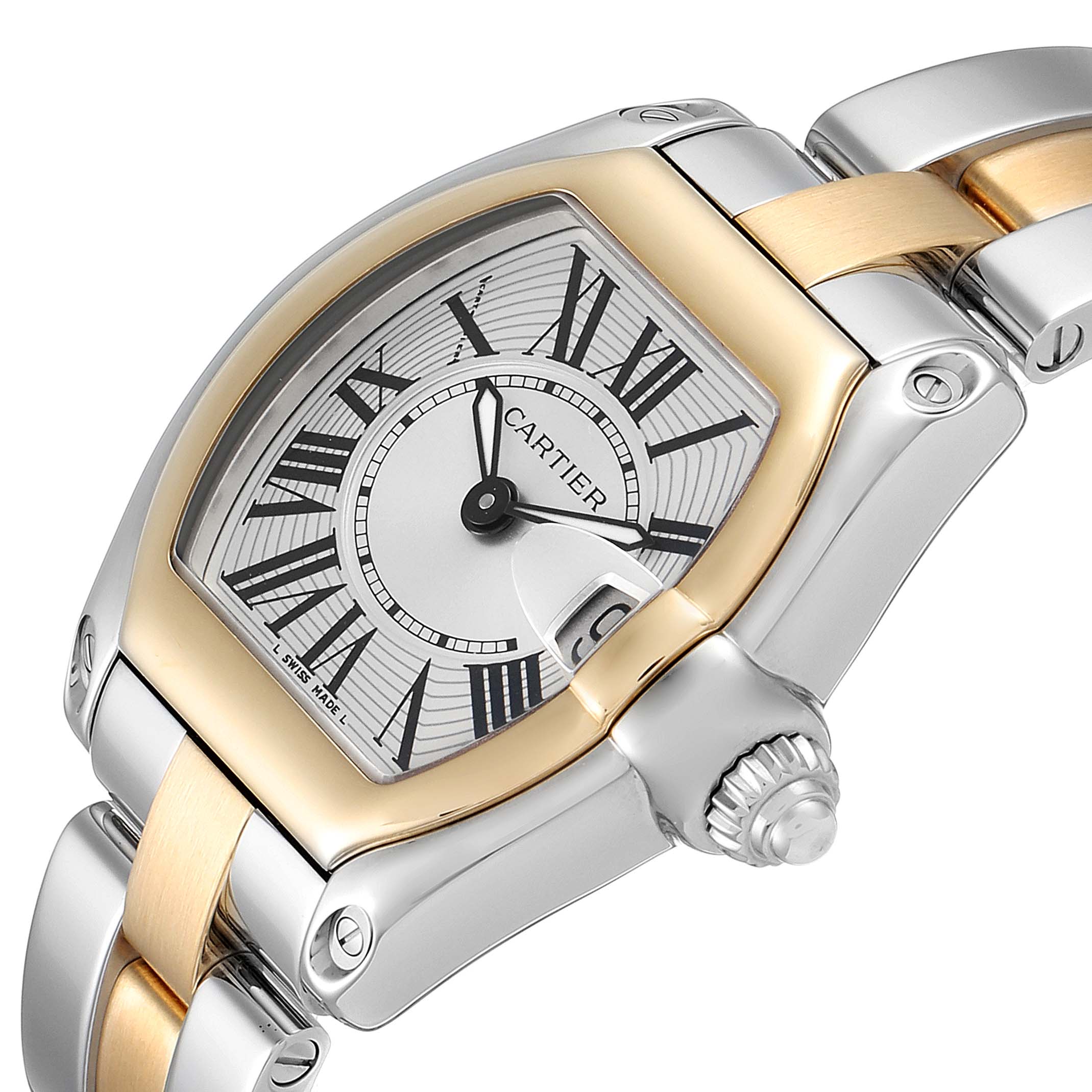 This image shows a close-up, angled view of the Cartier Roadster W62026Y4 Women's Steel and Gold (two tone) Silver Dial W62026Y4 Women's Steel and Gold (two tone) Silver Dial watch, highlighting the dial, case, bezel, and part of the bracelet.