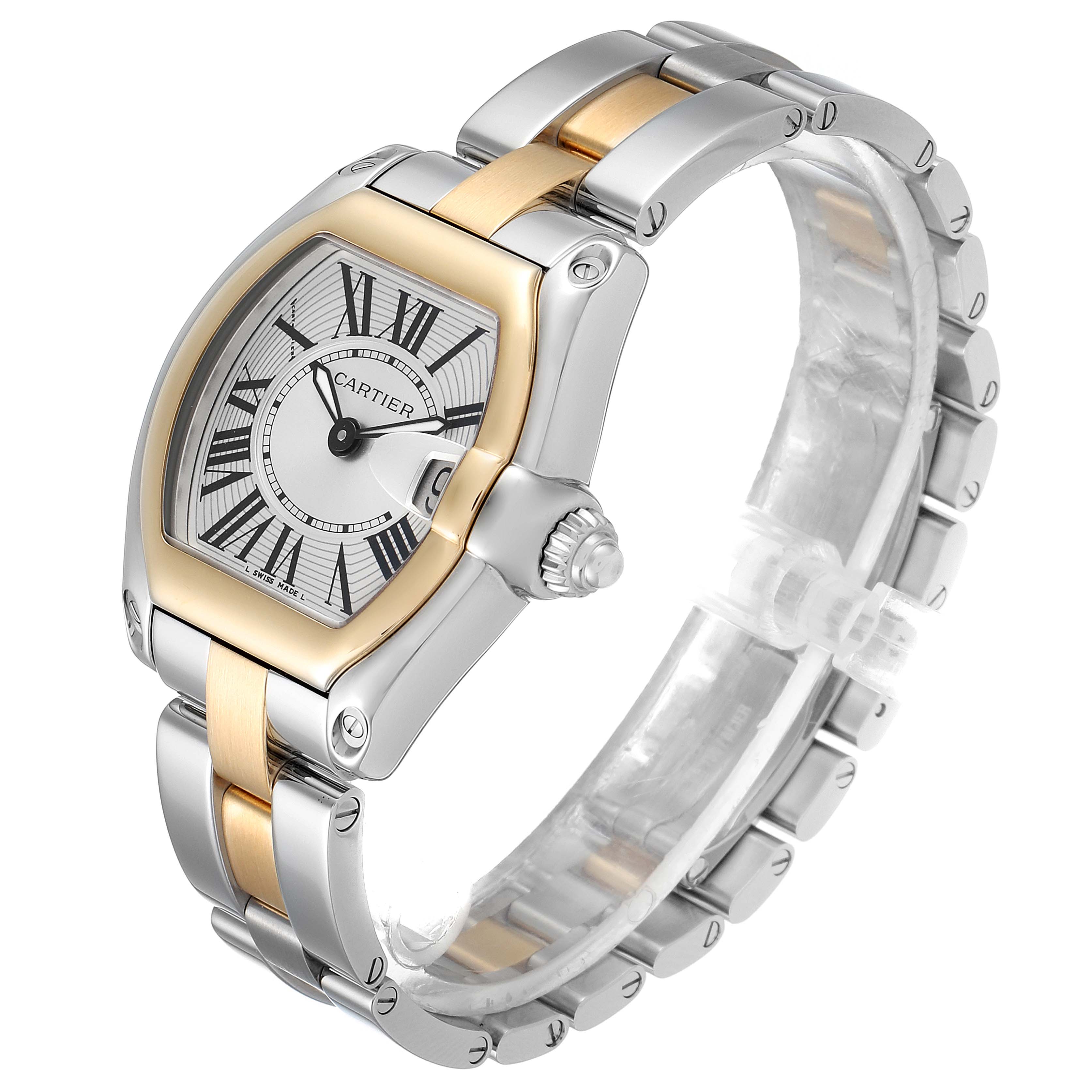 This image shows a Cartier Roadster W62026Y4 Women's Steel and Gold (two tone) Silver Dial W62026Y4 Women's Steel and Gold (two tone) Silver Dial watch at a three-quarter angle, highlighting the face, case, crown, and bracelet.