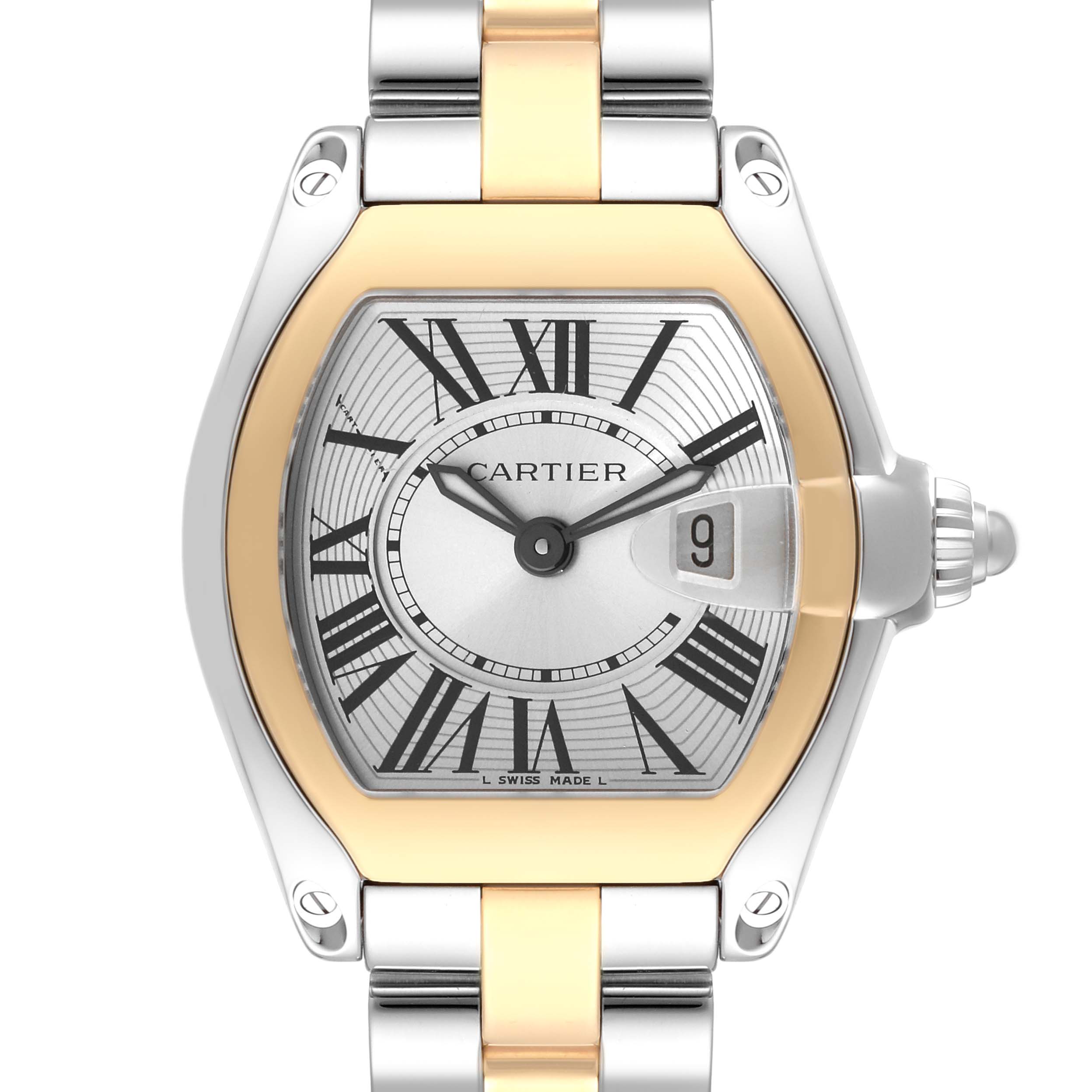 This image shows a Cartier Roadster W62026Y4 Women's Steel and Gold (two tone) Silver Dial W62026Y4 Women's Steel and Gold (two tone) Silver Dial watch from a top-down angle, displaying the dial, case, and part of the bracelet.