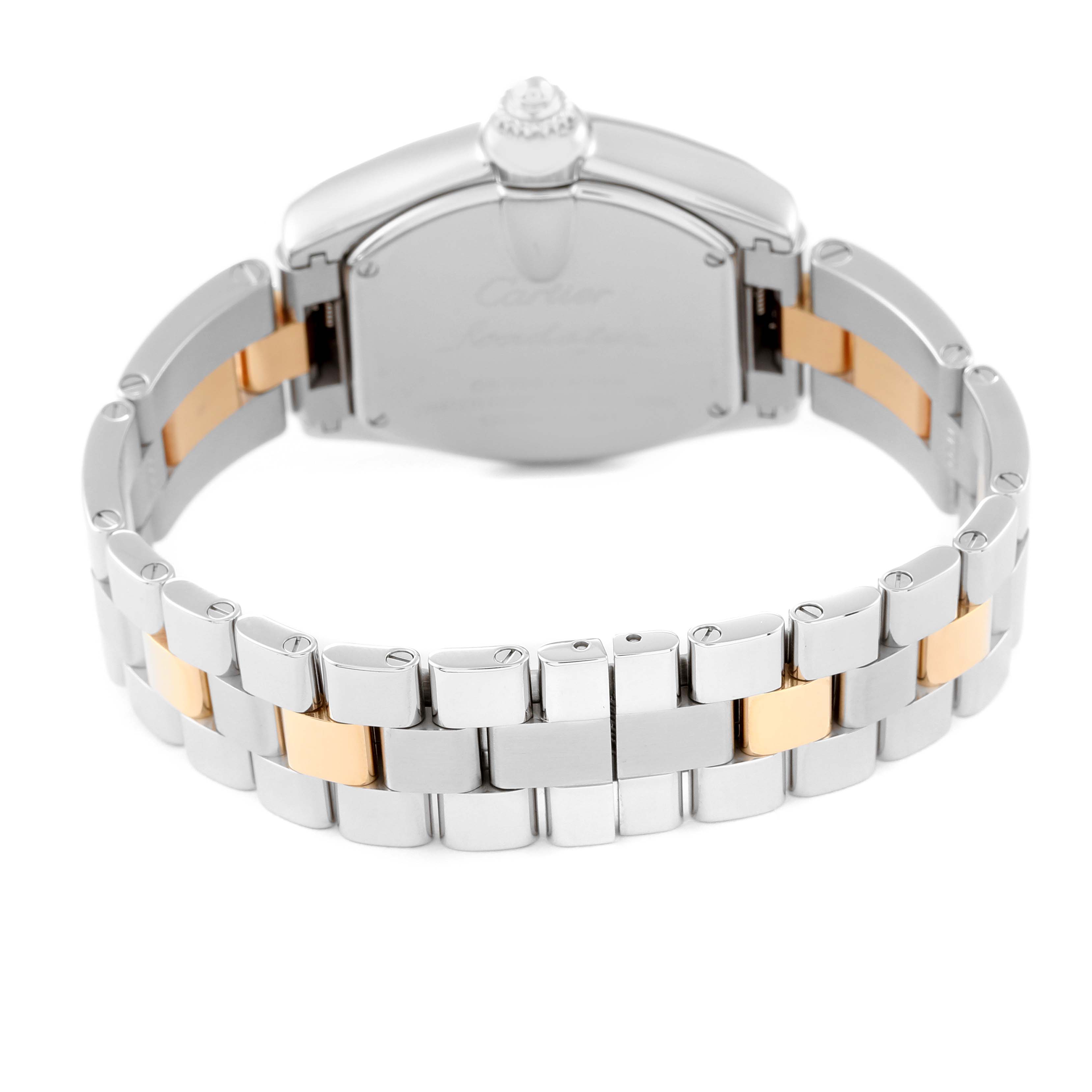The image shows a rear view of the Cartier Roadster W62026Y4 Women's Steel and Gold (two tone) Silver Dial W62026Y4 Women's Steel and Gold (two tone) Silver Dial watch, focusing on its bracelet and case back.