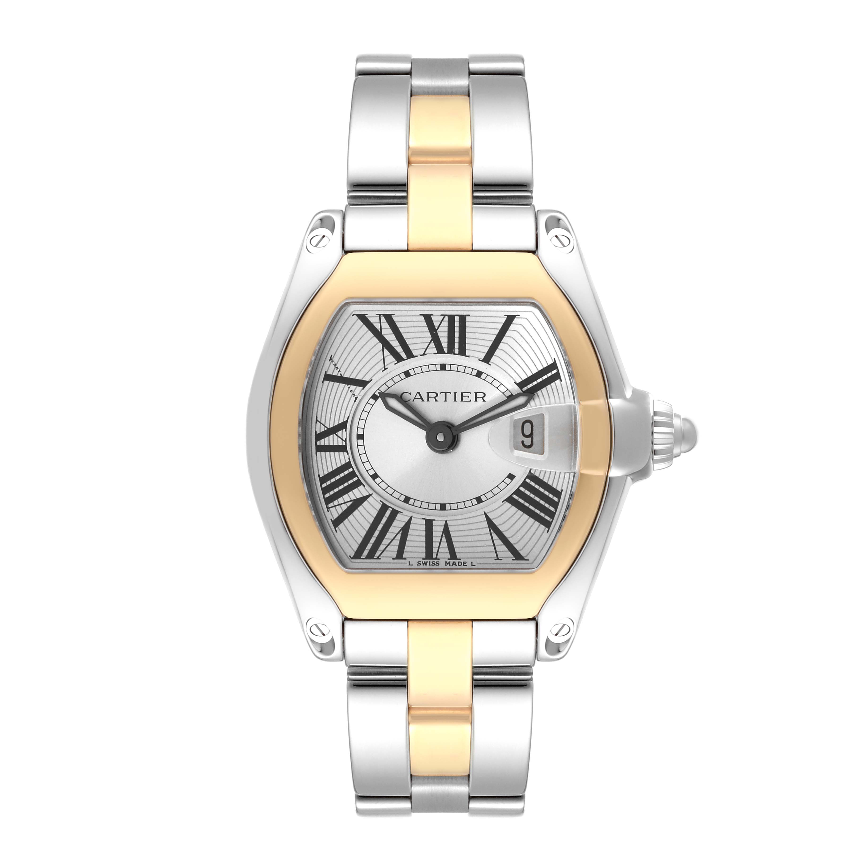 This image shows a top view of the Cartier Roadster W62026Y4 Women's Steel and Gold (two tone) Silver Dial W62026Y4 Women's Steel and Gold (two tone) Silver Dial watch, highlighting its face, dial, and two-tone bracelet.