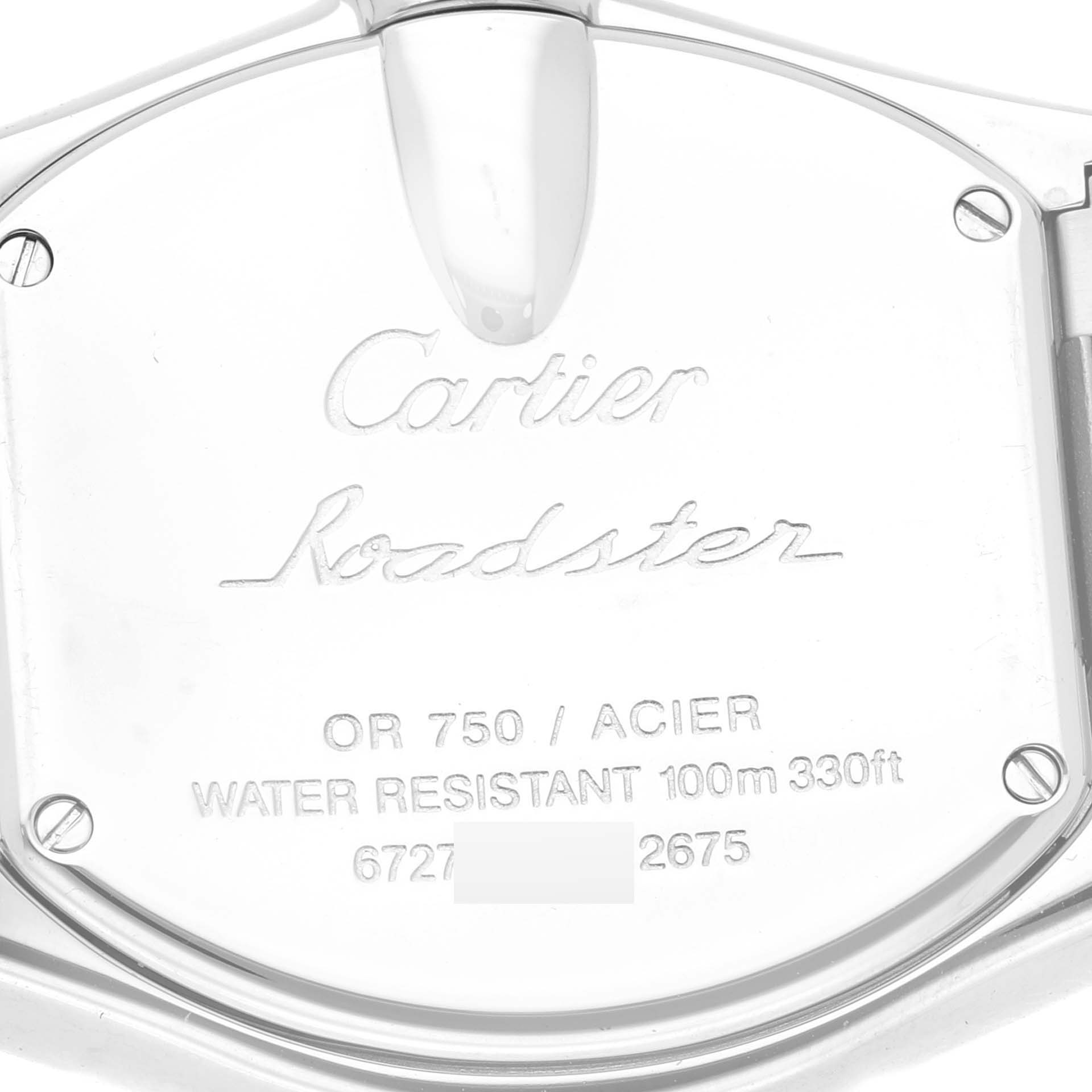 This image shows the back case of a Cartier Roadster W62026Y4 Women's Steel and Gold (two tone) Silver Dial W62026Y4 Women's Steel and Gold (two tone) Silver Dial watch, displaying brand, model, material, and water resistance markings.