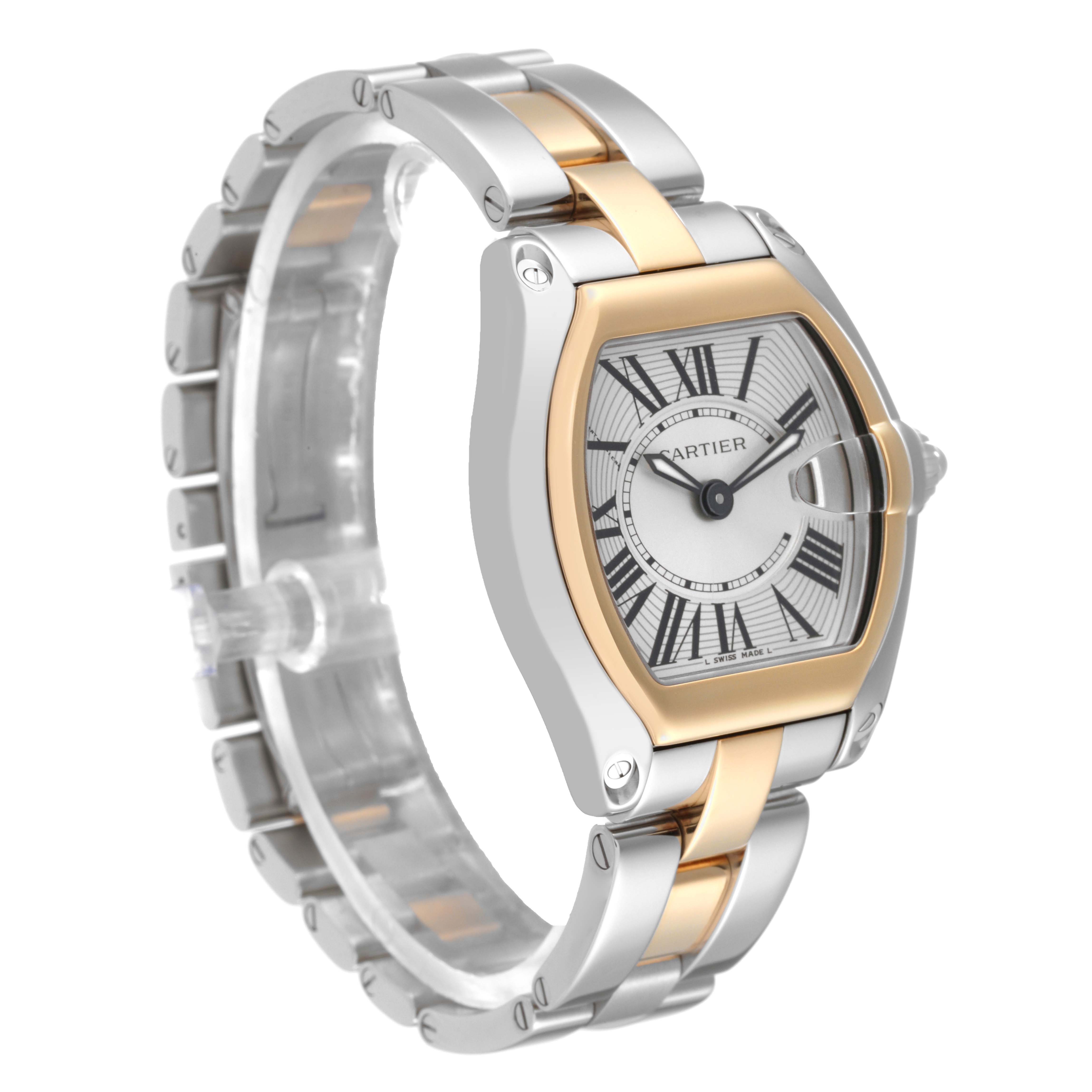 The Cartier Roadster W62026Y4 Women's Steel and Gold (two tone) Silver Dial W62026Y4 Women's Steel and Gold (two tone) Silver Dial watch is shown at a side angle, highlighting its face, dial, bezel, and two-tone bracelet.