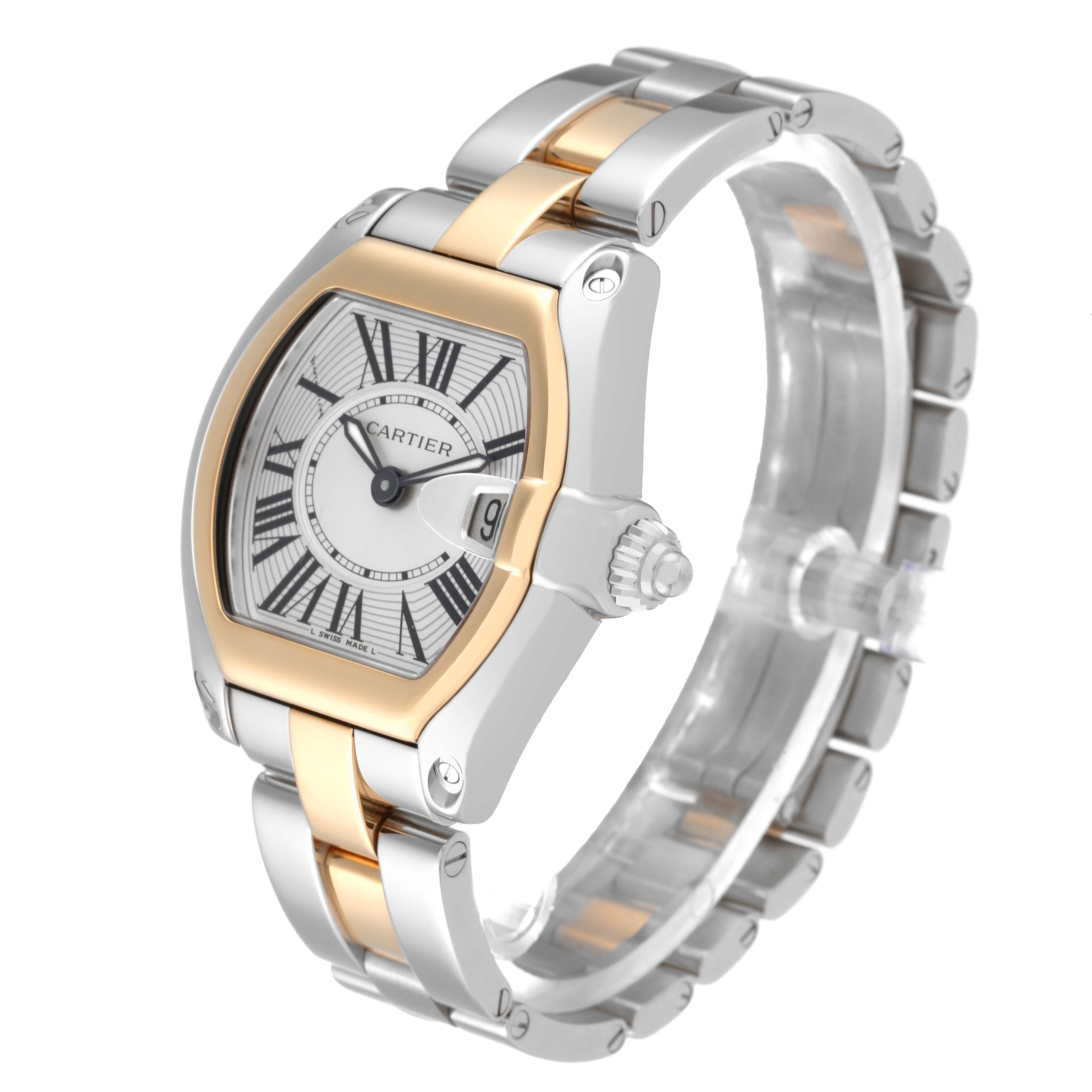The Cartier Roadster W62026Y4 Women's Steel and Gold (two tone) Silver Dial W62026Y4 Women's Steel and Gold (two tone) Silver Dial watch is shown from an angled front view, highlighting its two-tone case, dial, bracelet, and crown.