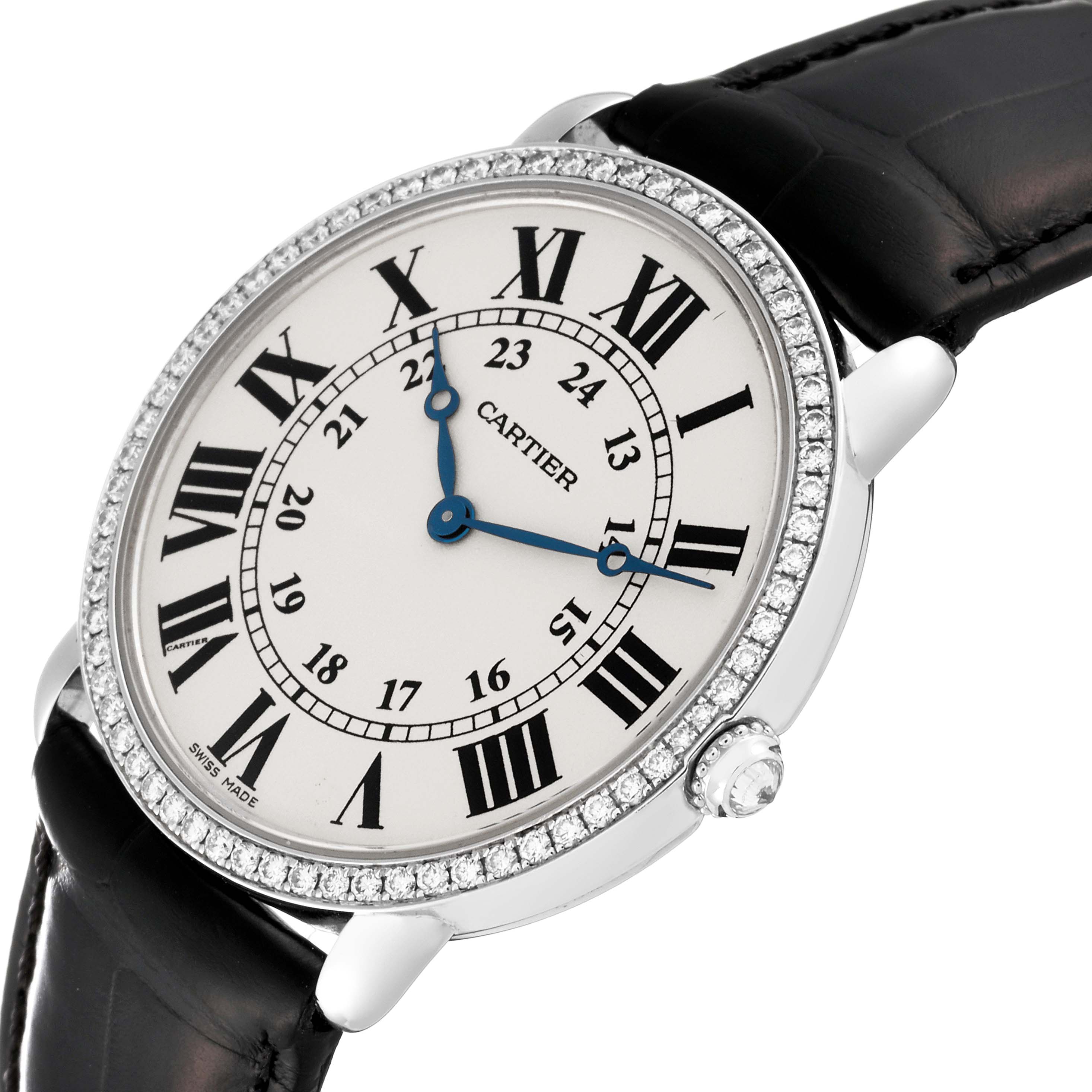 The image shows a close-up of the Cartier Ronde WR000551 Men's White Gold Silver Dial WR000551 Men's White Gold Silver Dial model watch, featuring the face, bezel, and strap, viewed at a slight angle.