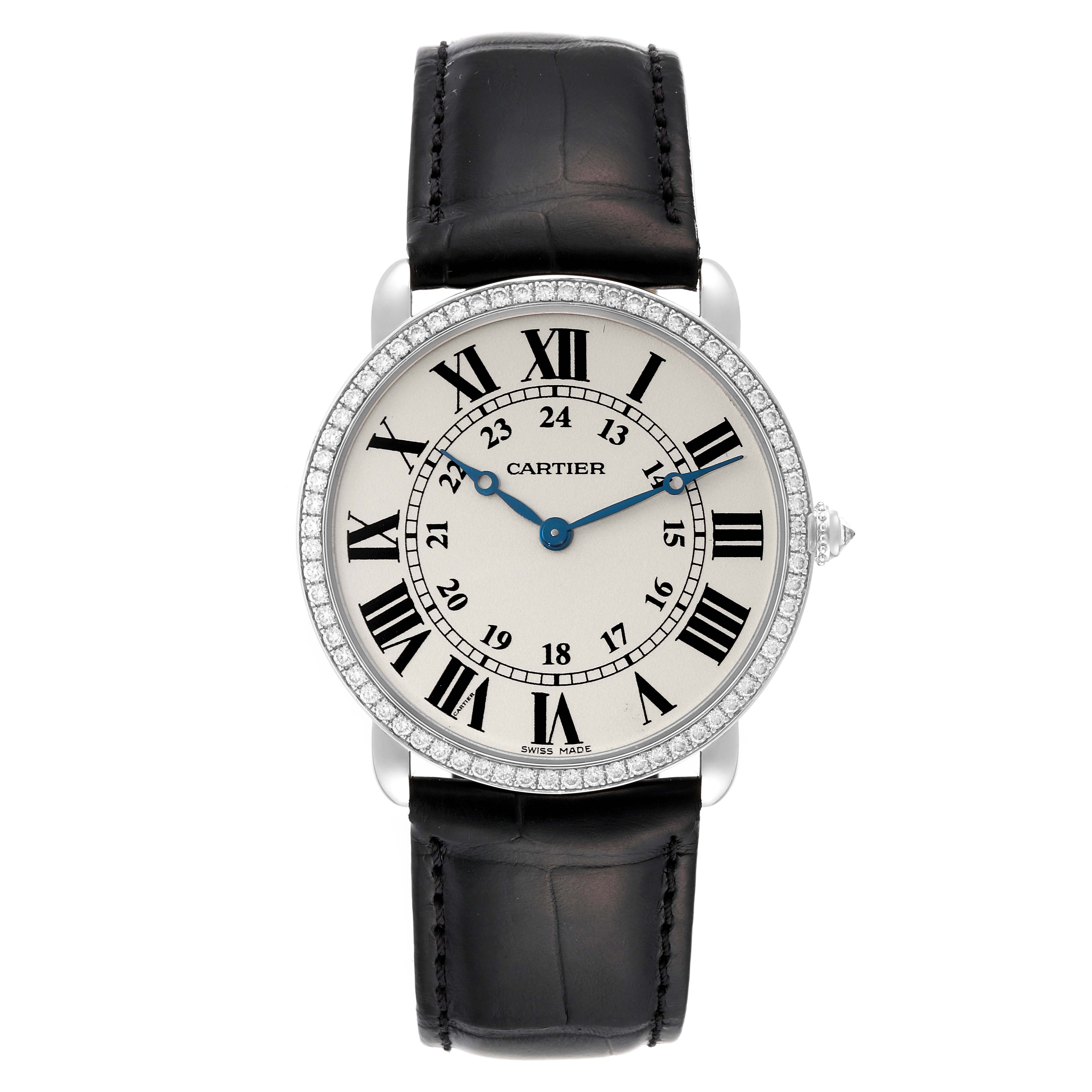 The image shows a front view of the Cartier Ronde WR000551 Men's White Gold Silver Dial WR000551 Men's White Gold Silver Dial watch, focusing on the face, bezel, and strap.