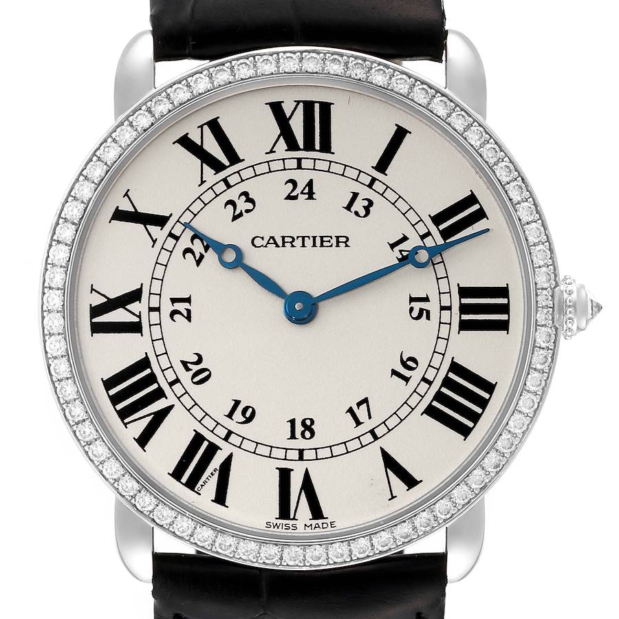 Cartier Ronde Louis White Gold Diamond Mens Watch WR000551 Box Card SwissWatchExpo