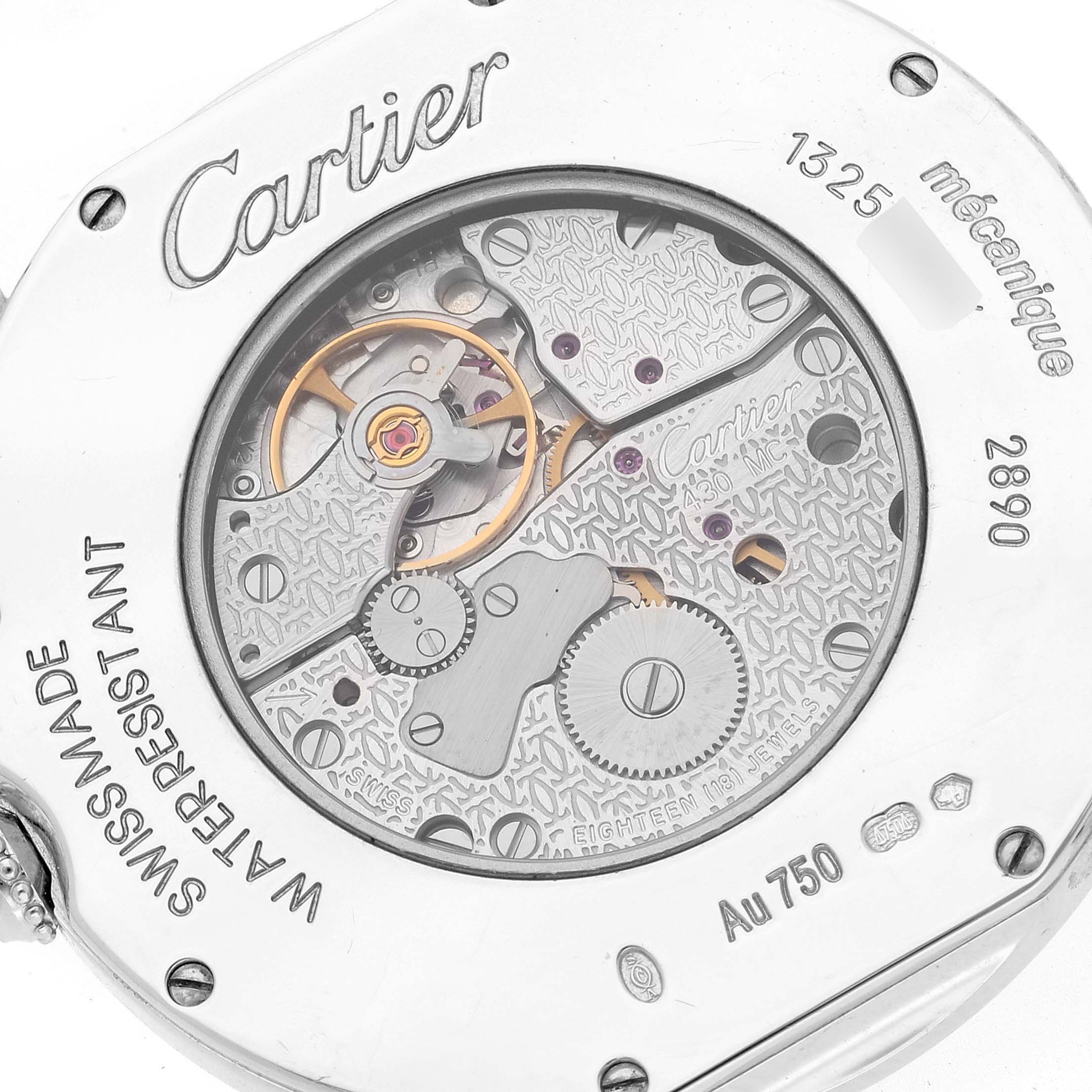 The image shows the detailed back view of the Cartier Ronde WR000551 Men's White Gold Silver Dial WR000551 Men's White Gold Silver Dial watch, displaying the intricate mechanical movement and internal components.