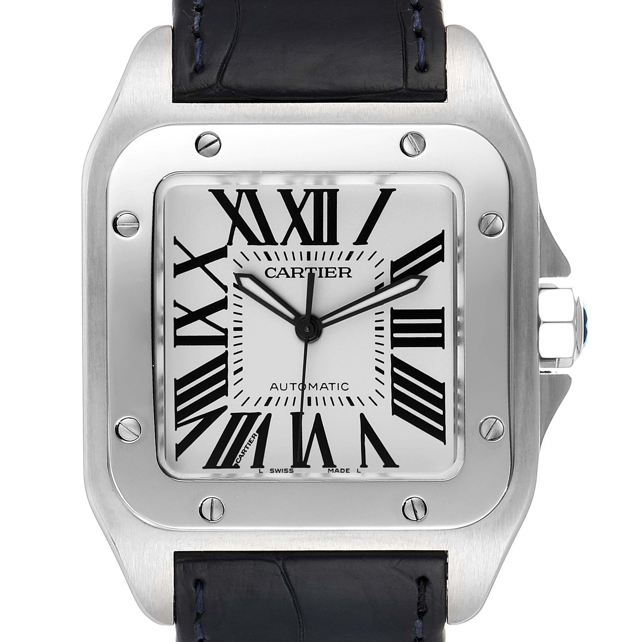 This is a front view of the Cartier Santos W20073X8 Men's Stainless Steel Silver Dial W20073X8 Men's Stainless Steel Silver Dial watch, showcasing the dial, case, and part of the strap.