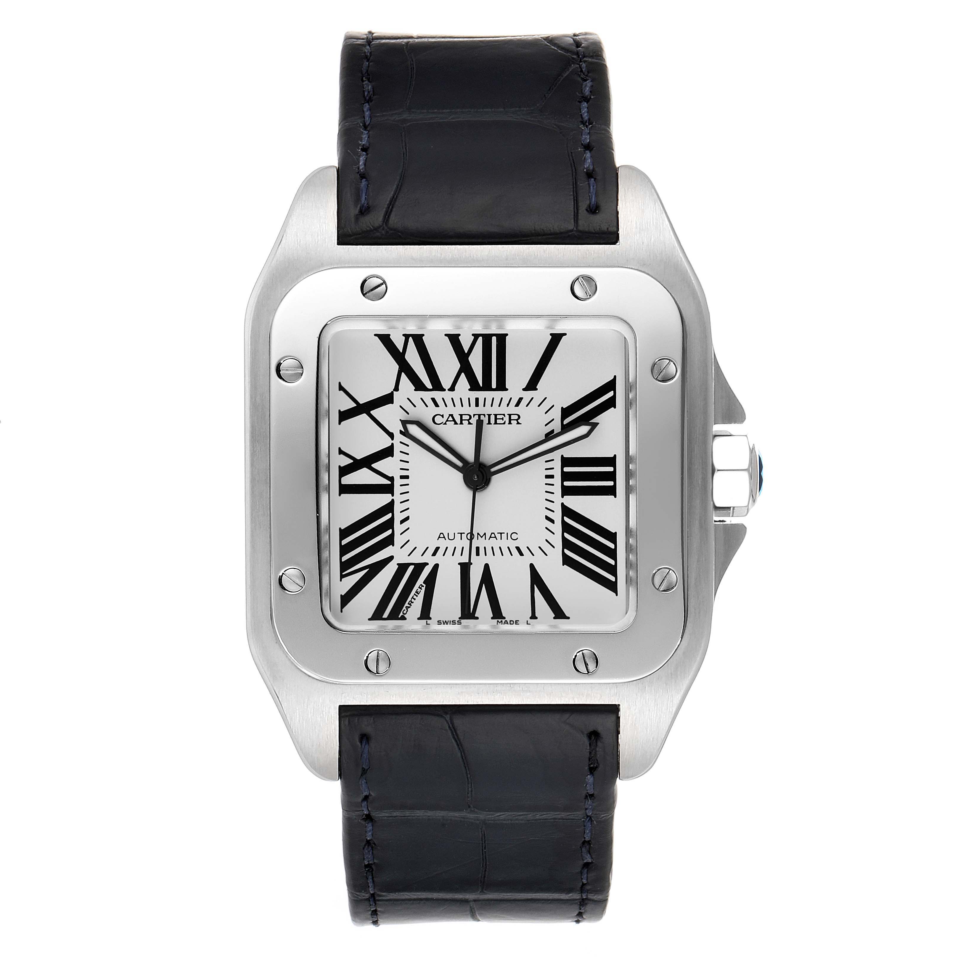 The image shows a front view of the Cartier Santos W20073X8 Men's Stainless Steel Silver Dial W20073X8 Men's Stainless Steel Silver Dial watch featuring its face, bezel, and leather strap.