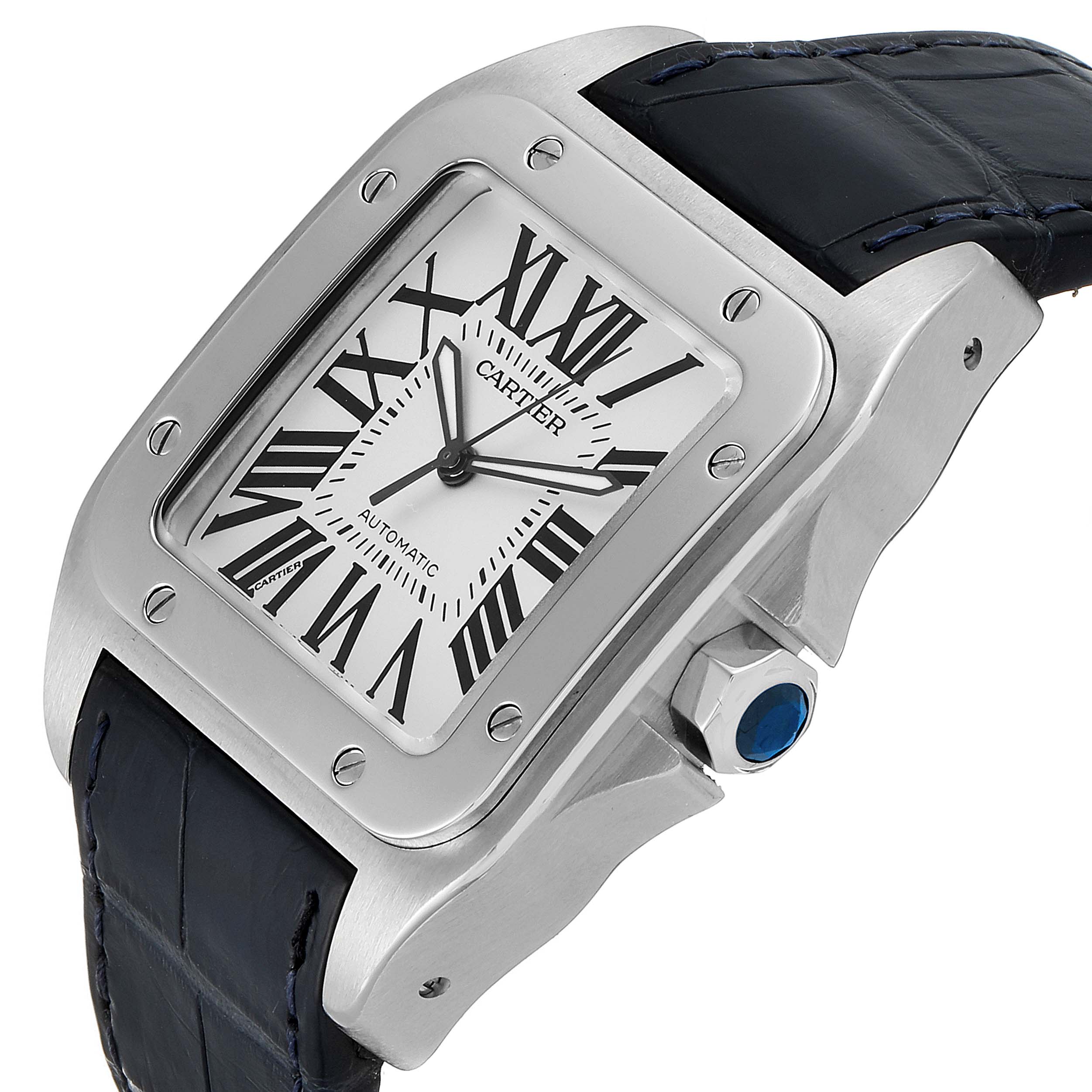 This image shows a close-up angle of the Cartier Santos W20073X8 Men's Stainless Steel Silver Dial W20073X8 Men's Stainless Steel Silver Dial model watch, highlighting the face, bezel, and part of the strap.