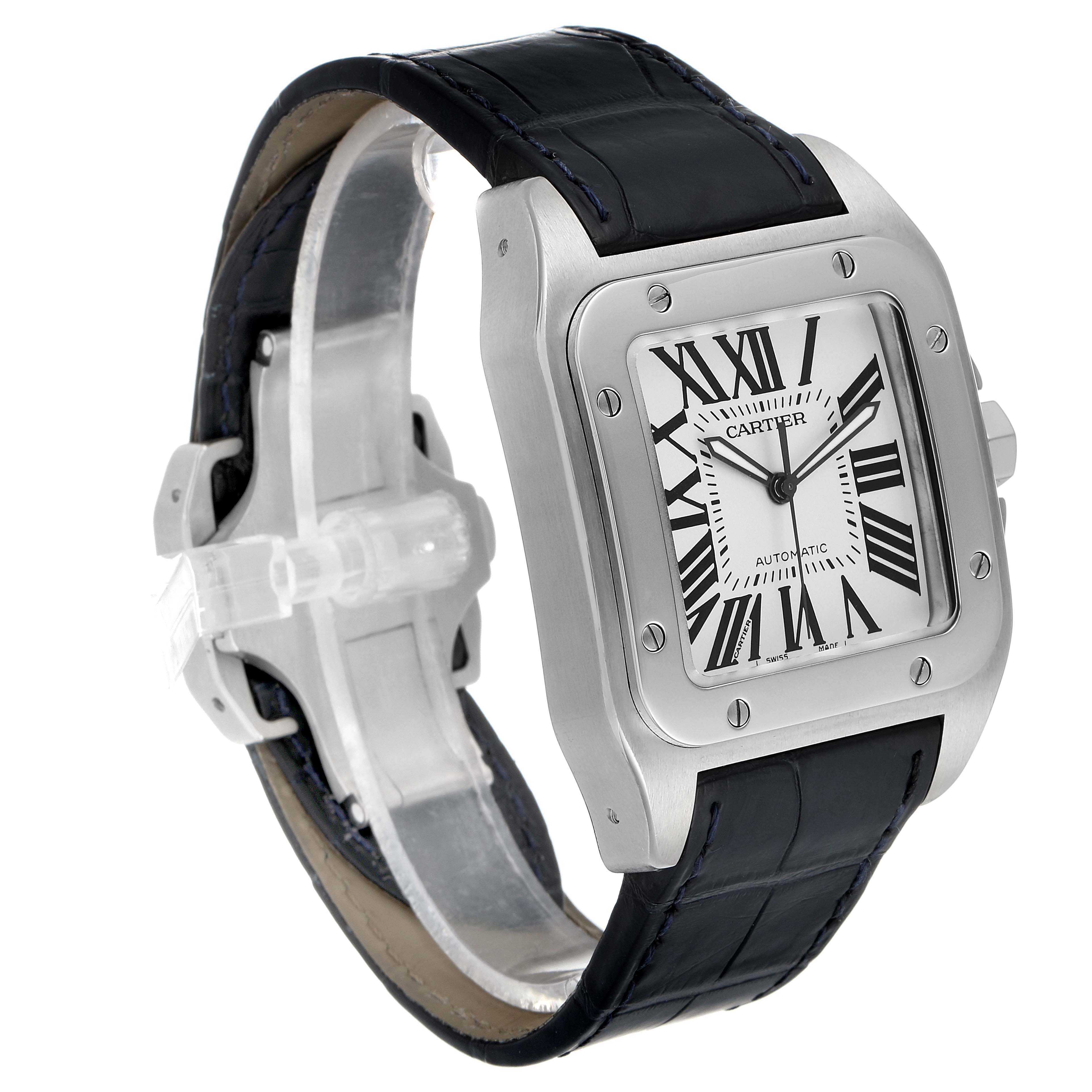 The image shows a three-quarter angle of a Cartier Santos W20073X8 Men's Stainless Steel Silver Dial W20073X8 Men's Stainless Steel Silver Dial watch, highlighting its face, metal case, and leather strap.