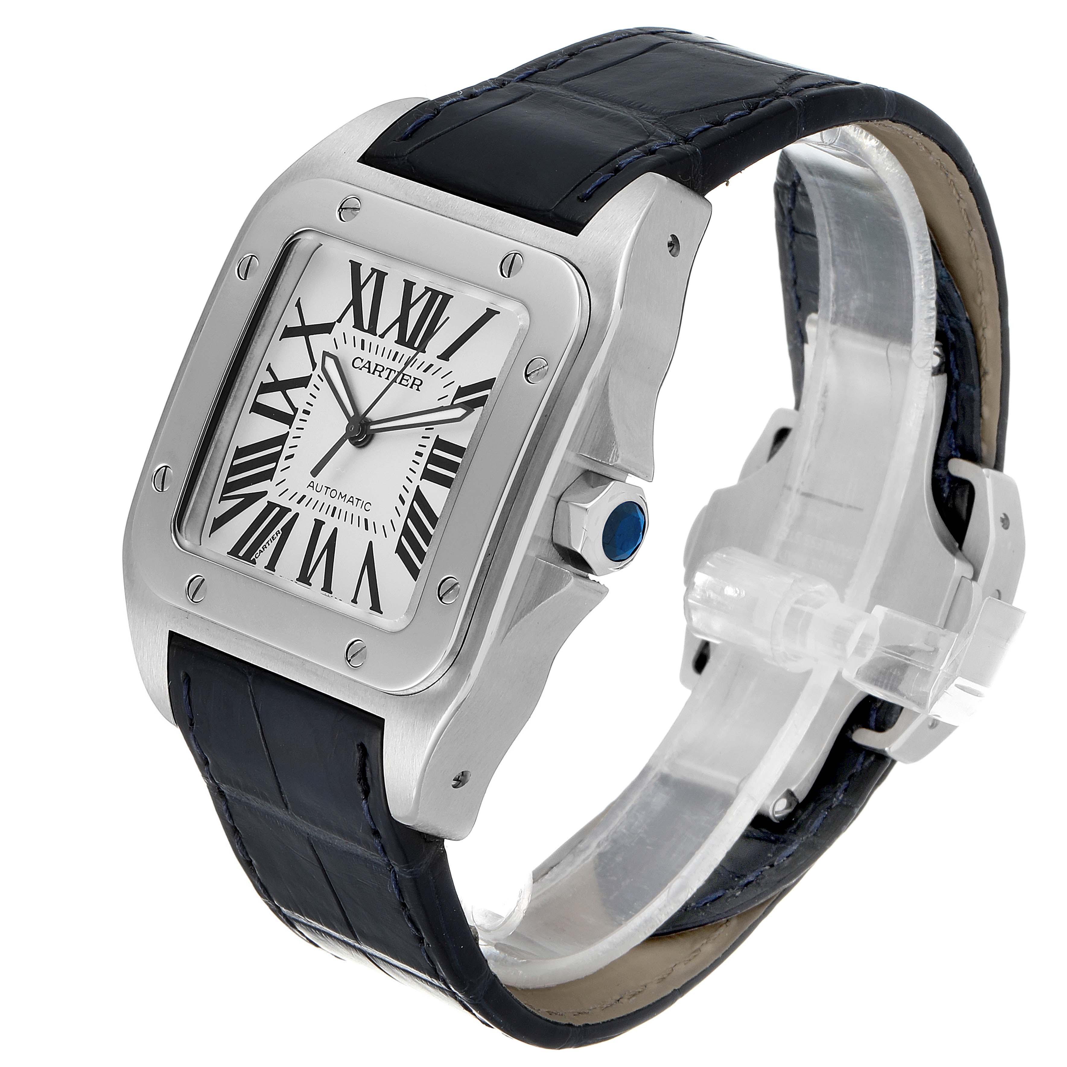 The image shows a Santos de Cartier watch at an angle displaying the watch face, bezel, crown, case, and strap.
