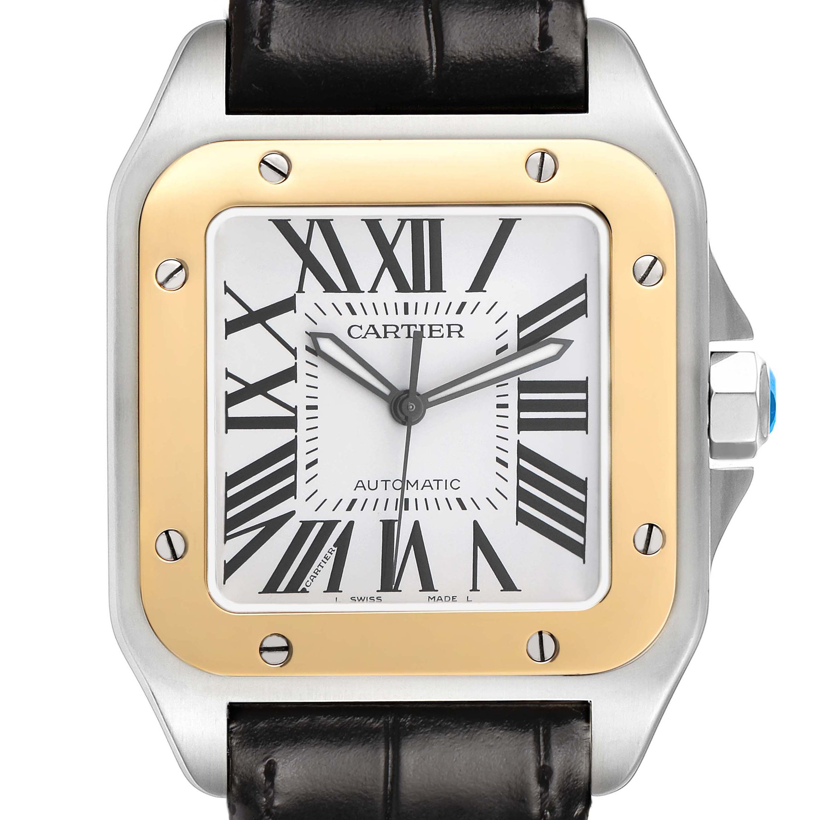 The Cartier Santos W20072X7 Men's Stainless Steel Silver Dial watch is shown from the front, highlighting the face, bezel, crown, and part of the leather strap.
