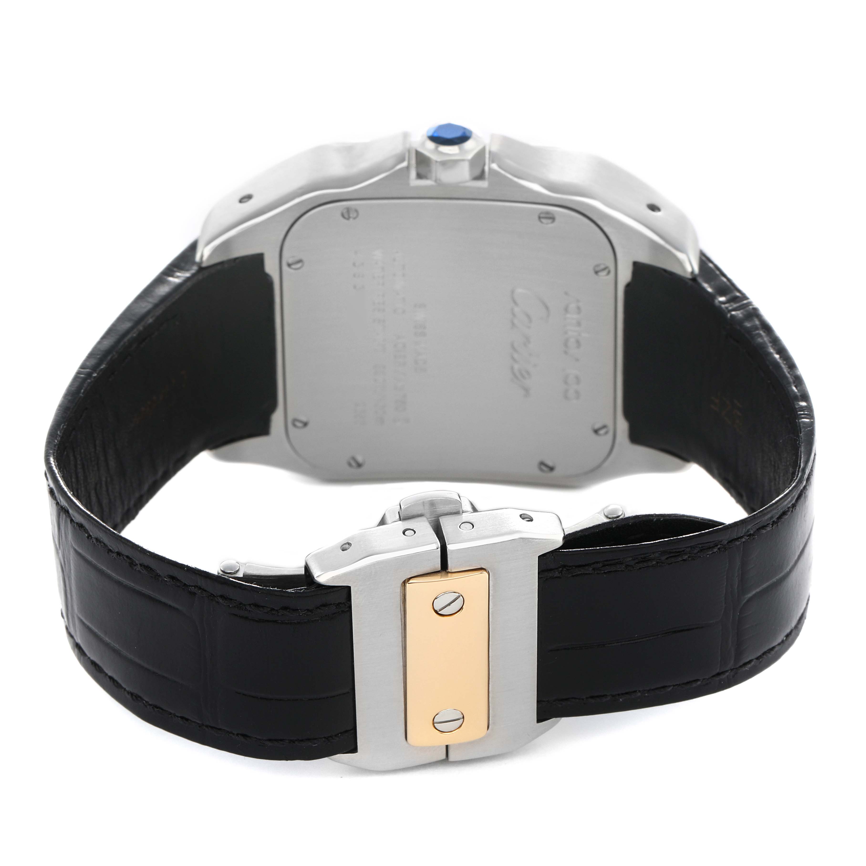 The image shows the back and clasp of a Cartier Santos W20072X7 Men's Stainless Steel Silver Dial watch, highlighting its black leather strap and metal details.