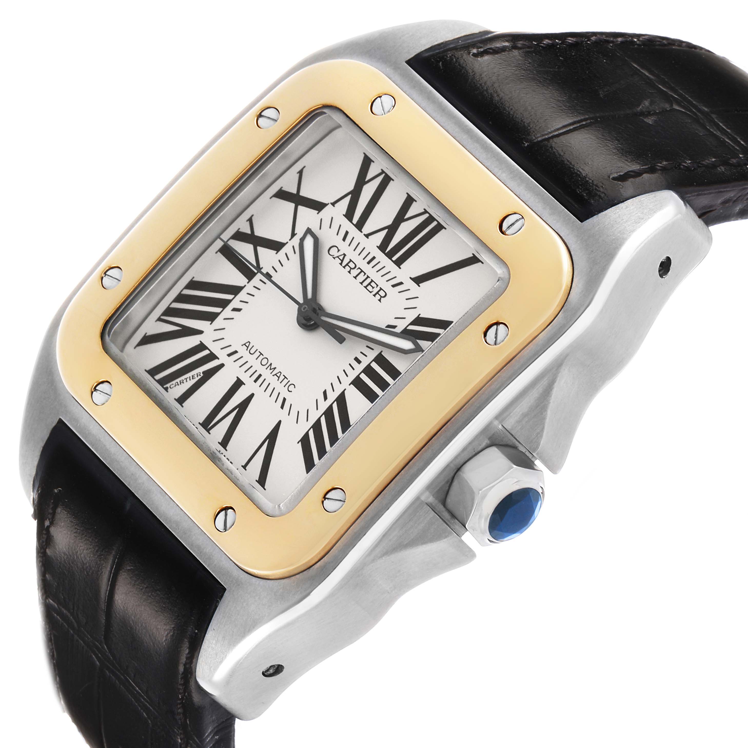 The Cartier Santos W20072X7 Men's Stainless Steel Silver Dial watch is shown at a slight angle, displaying the face, gold bezel, crown, and leather strap.