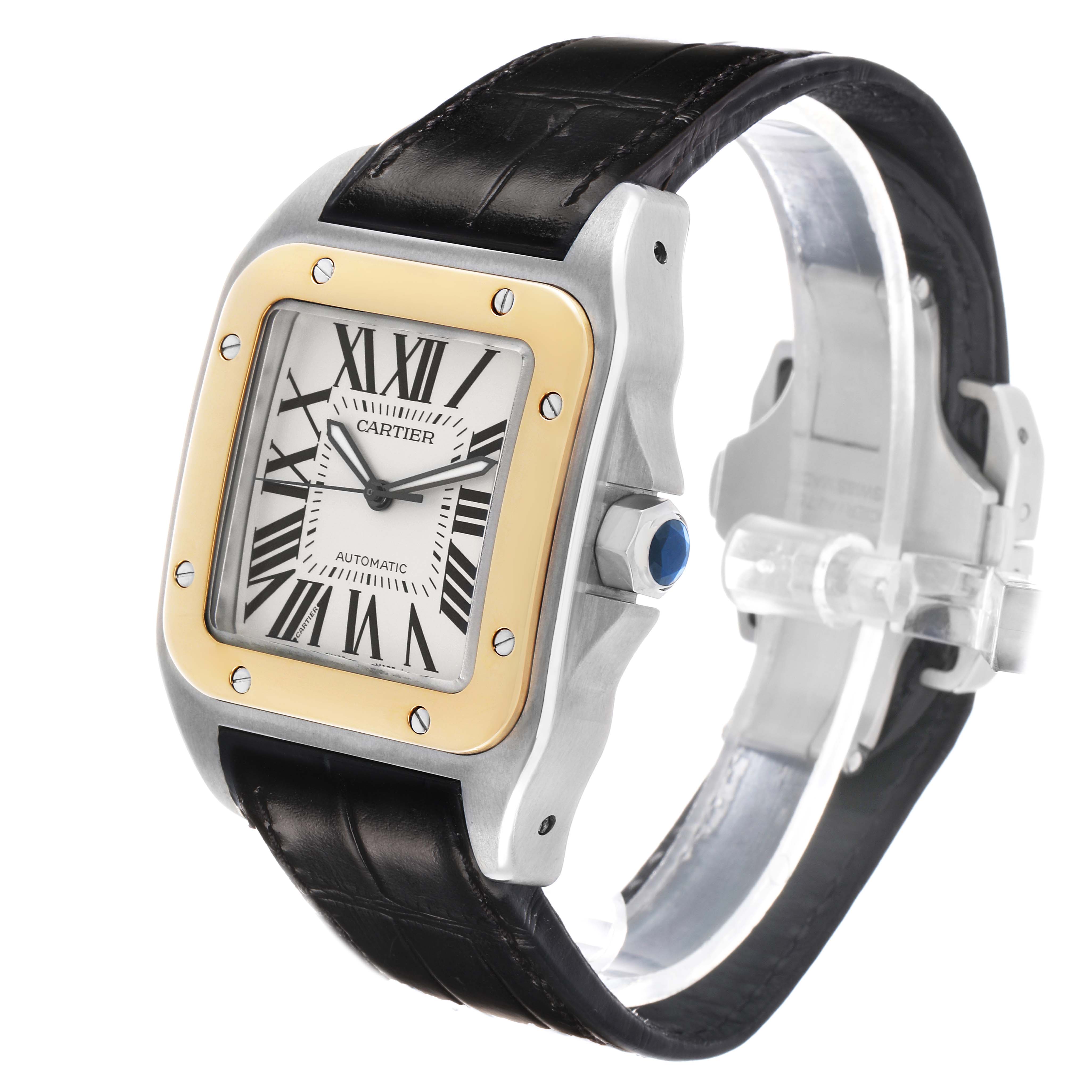 The Cartier Santos W20072X7 Men's Stainless Steel Silver Dial watch is shown at a slight angle, highlighting the face, bezel, crown, and part of the strap.