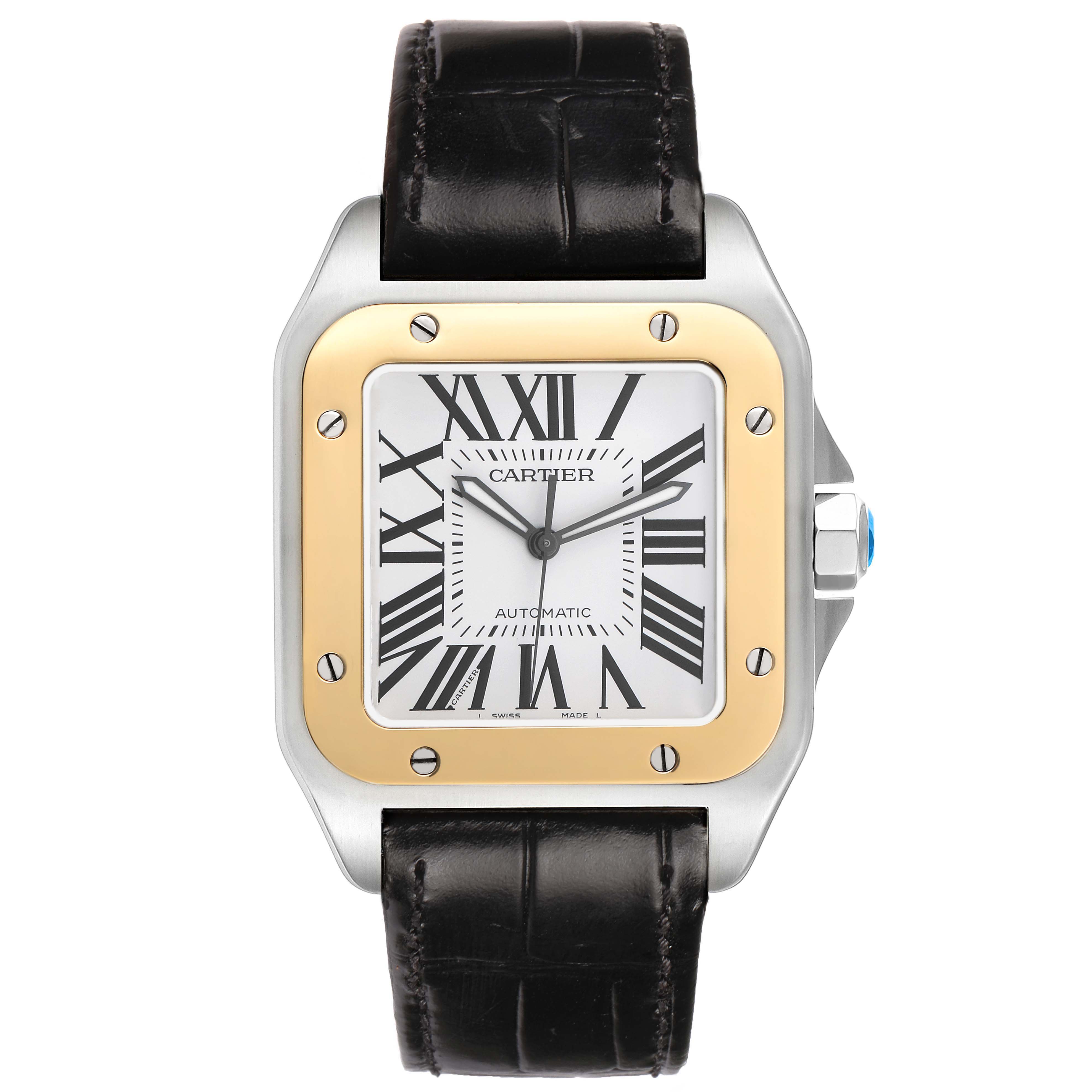 The Cartier Santos W20072X7 Men's Stainless Steel Silver Dial watch is shown from the front, highlighting its square face, Roman numerals, and black leather strap.