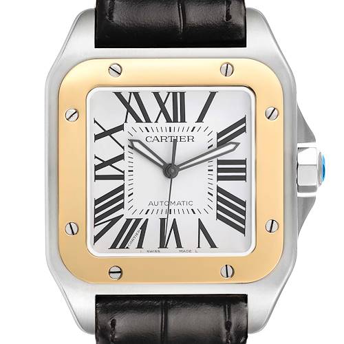 The Cartier Santos W20072X7 Men's Stainless Steel Silver Dial watch is shown from the front, highlighting its dial, bezel, and a portion of the leather strap.
