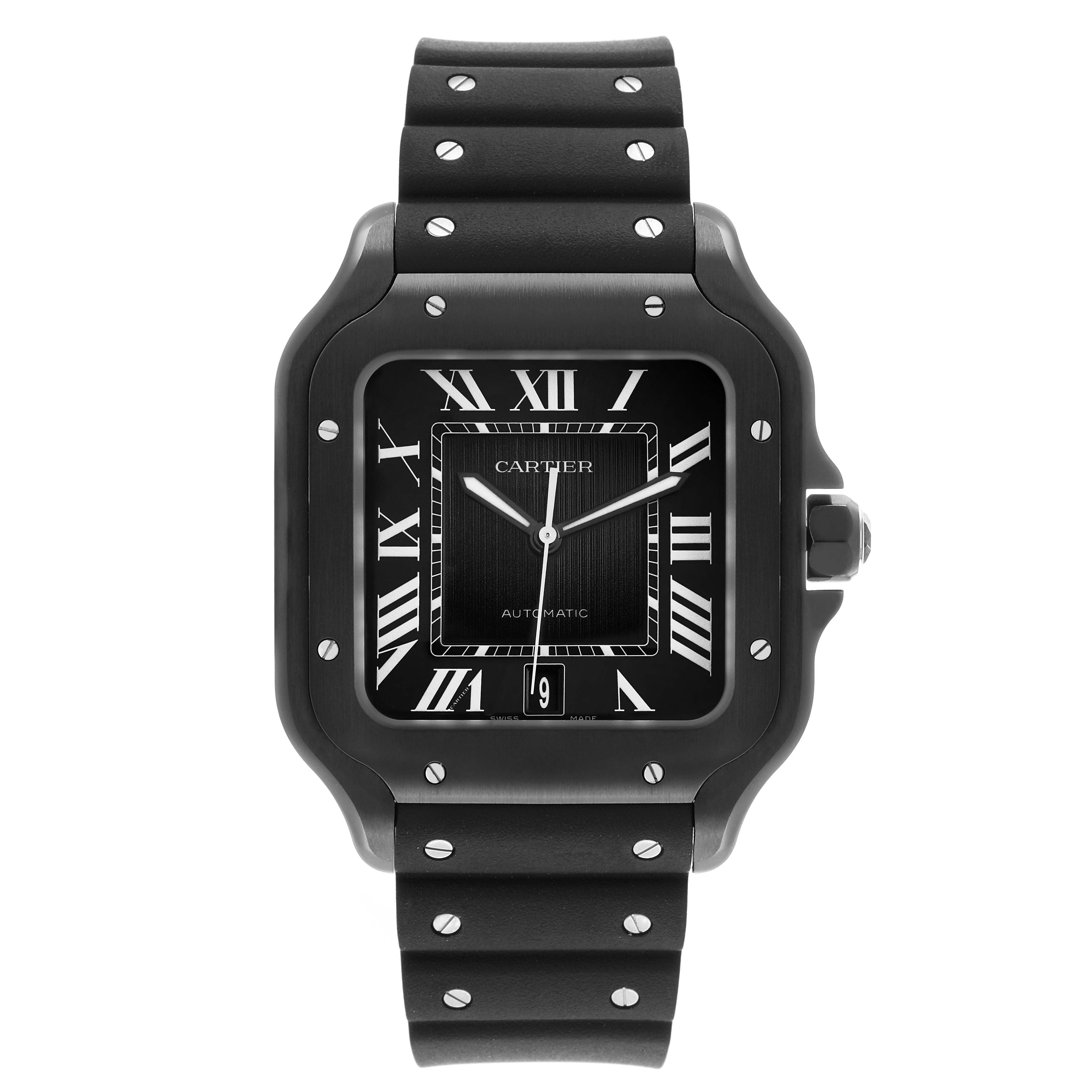 The Cartier Santos Dumont WSSA0039 Men's Stainless Steel Black Dial watch is shown from the front, displaying the face, strap, and crown.