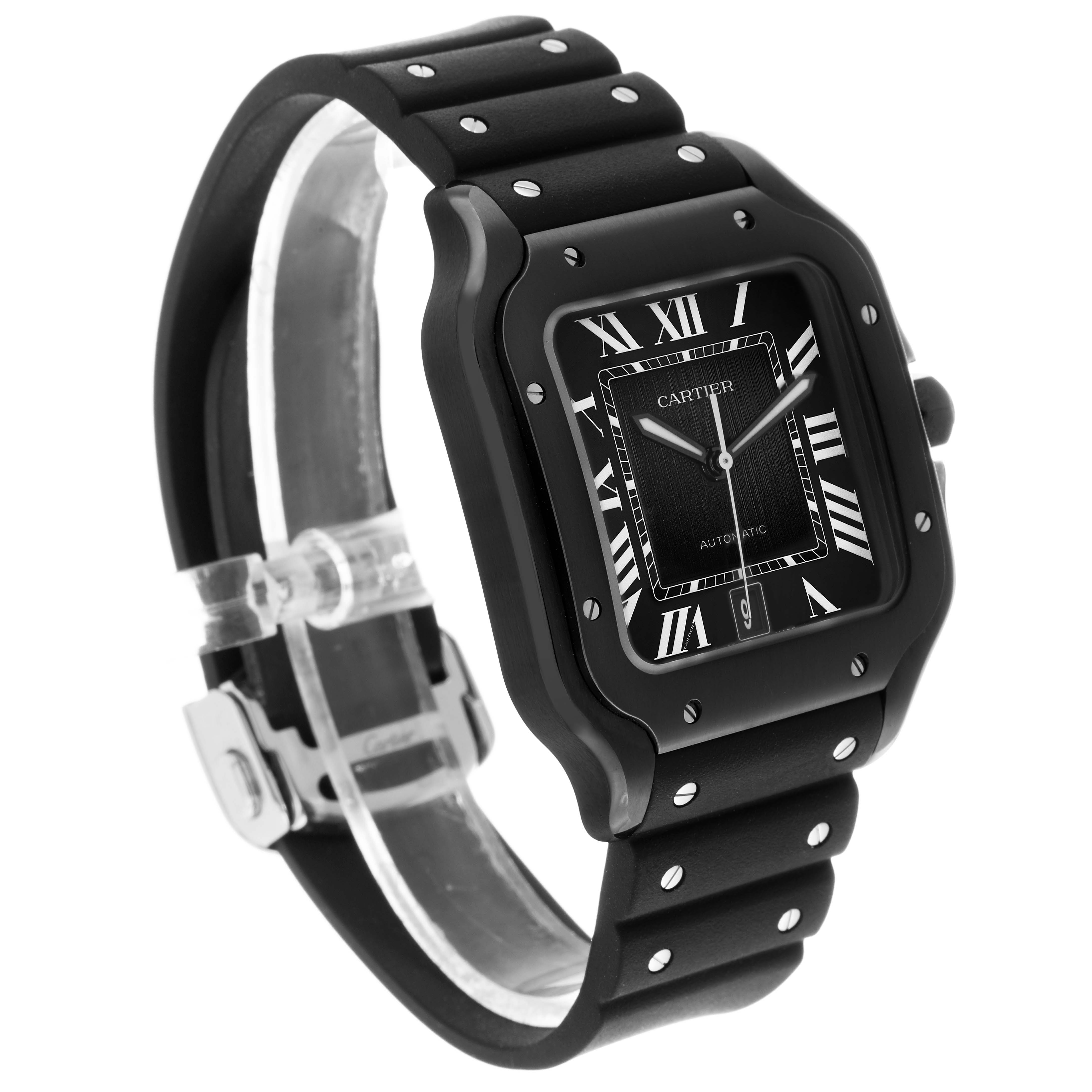 The Cartier Santos Dumont WSSA0039 Men's Stainless Steel Black Dial watch is shown at an angle, displaying its face, bezel, strap, and side profile.