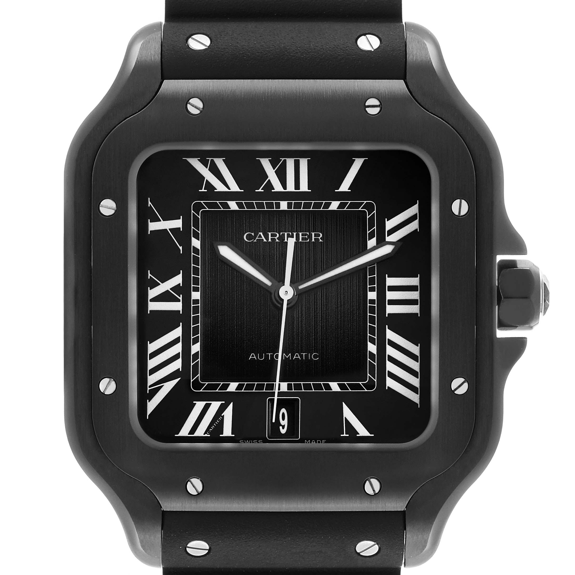 The Cartier Santos-Dumont watch is shown from a front view, featuring the case, bezel, dial, and part of the strap.