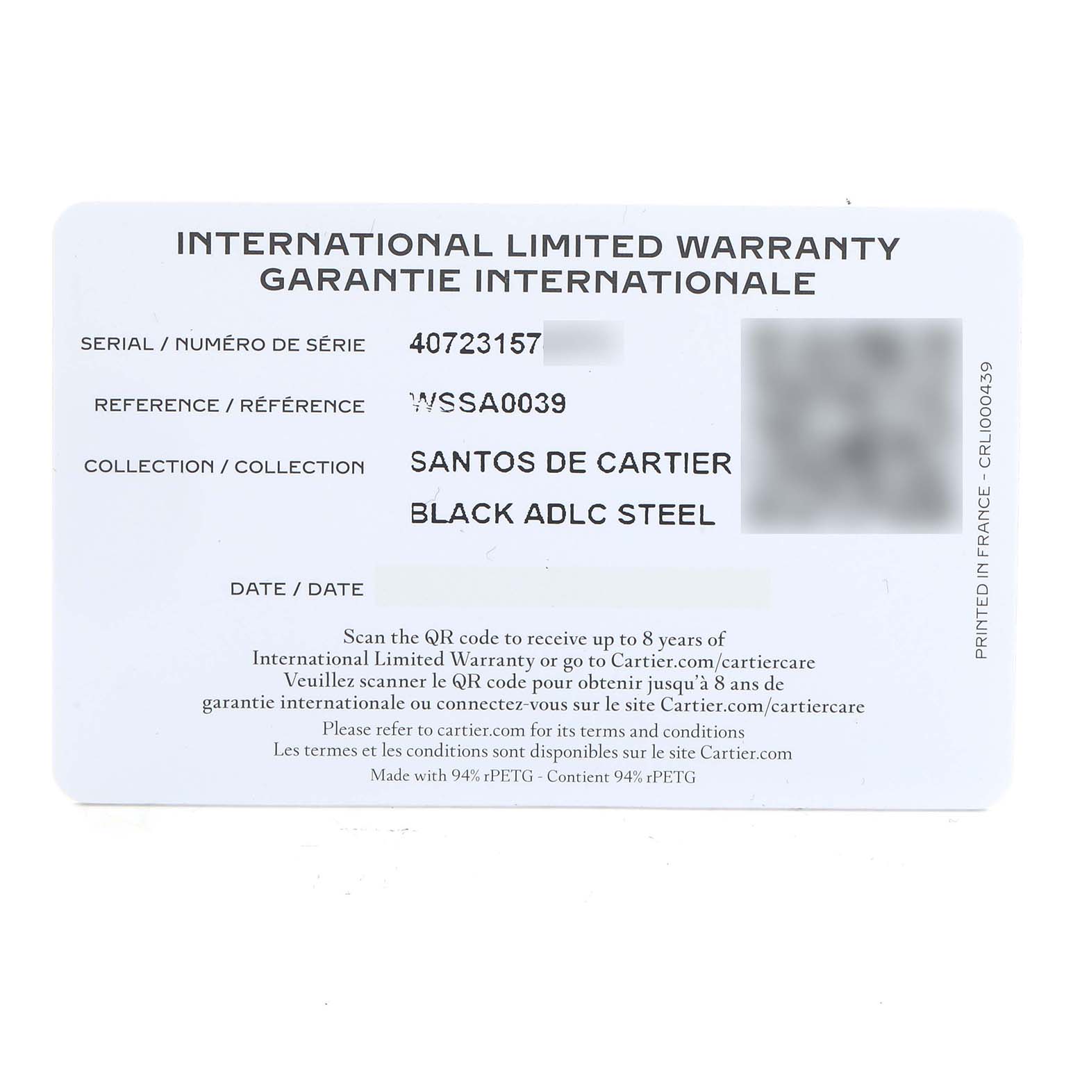 The image shows the warranty card for the Santos de Cartier, listing details like the serial number and model reference.