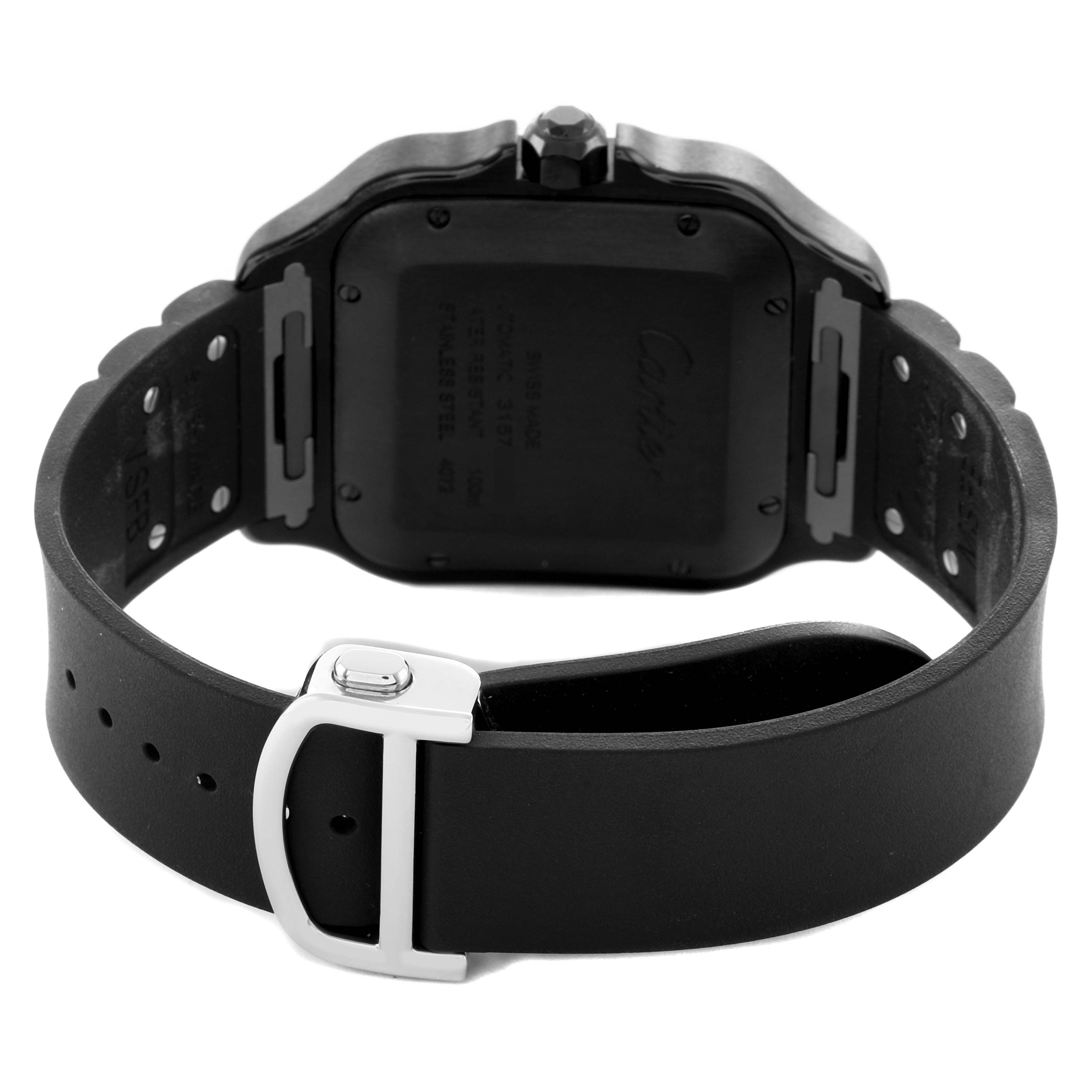 The image shows the back of the Cartier Santos Dumont WSSA0039 Men's Stainless Steel Black Dial watch and its strap, highlighting the case, buckle, and clasp.