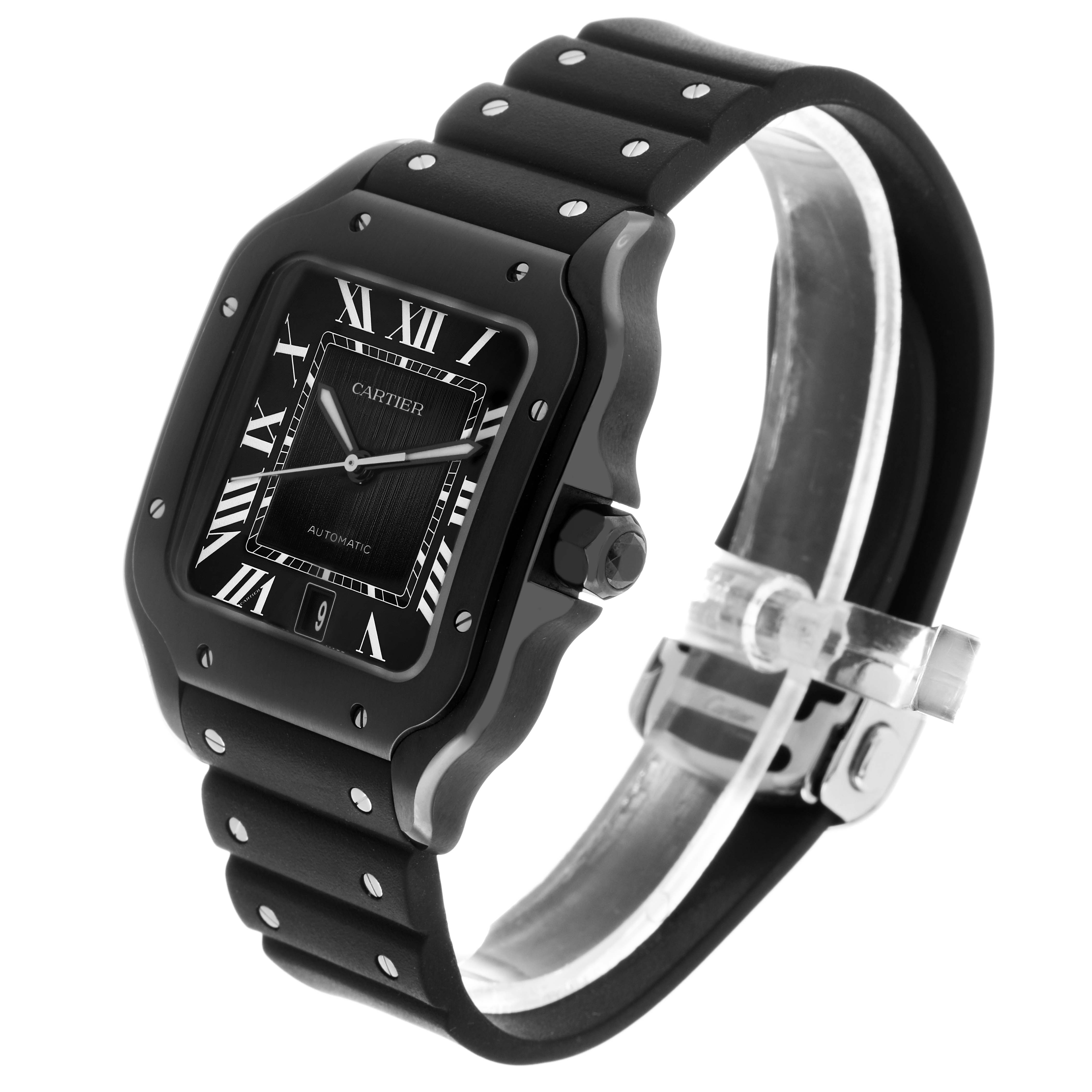 The Cartier Santos Dumont WSSA0039 Men's Stainless Steel Black Dial watch is shown at an angled side view, displaying the face, case, crown, and part of the strap.