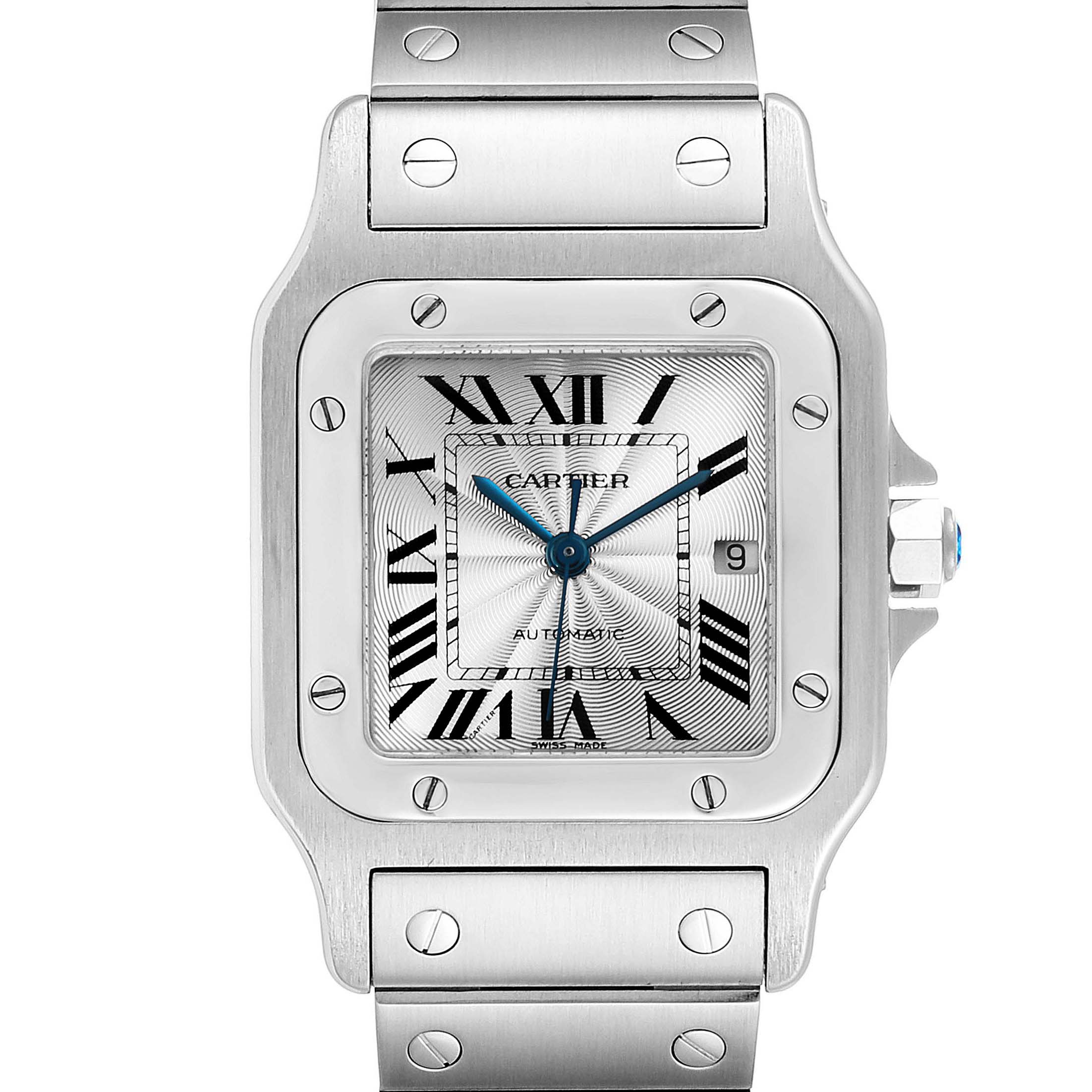 Front view of the Cartier Santos W20055D6 Men's Stainless Steel Silver Dial W20055D6 Men's Stainless Steel Silver Dial watch, showing the face, bezel, and part of the metal bracelet.