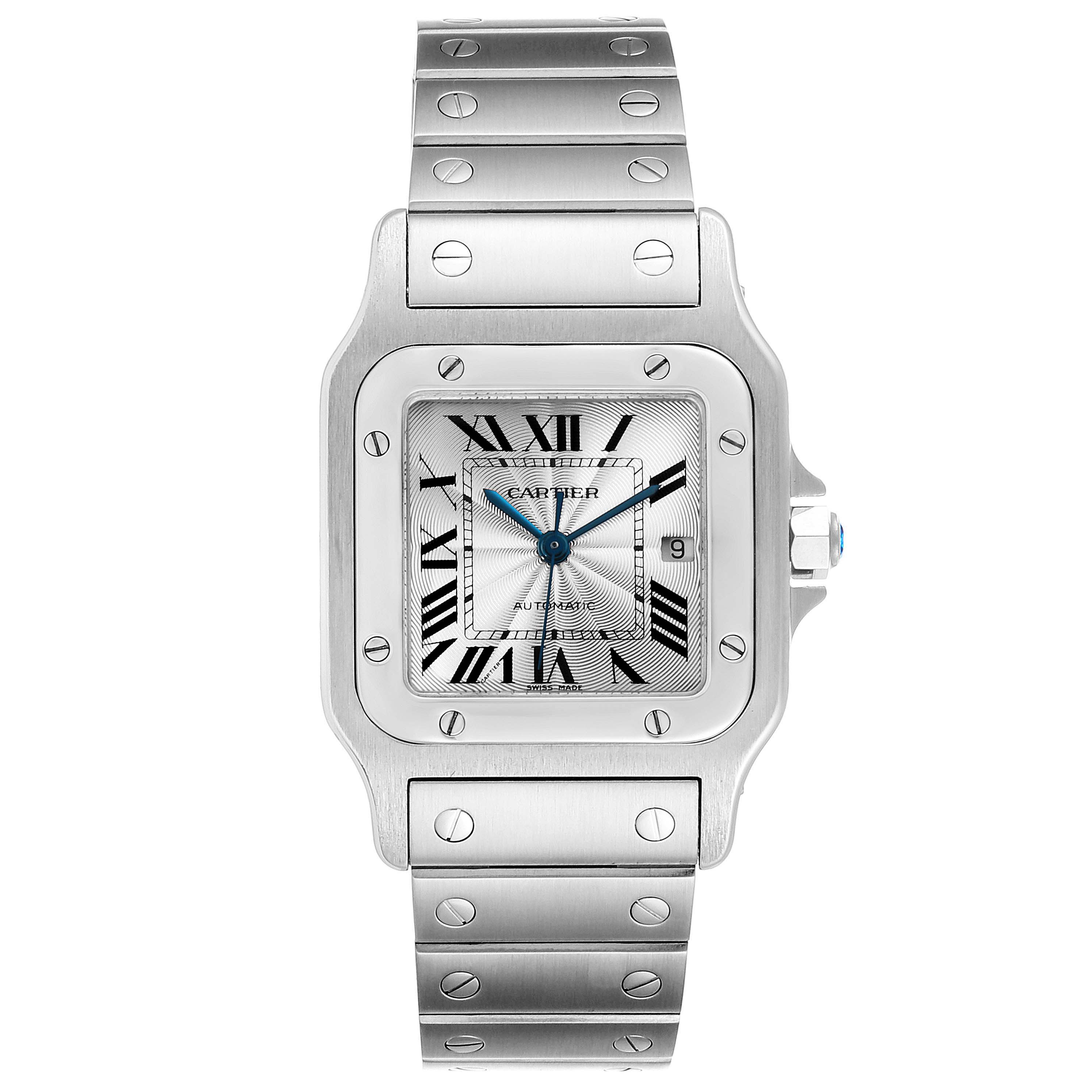 The image shows a front view of a Cartier Santos W20055D6 Men's Stainless Steel Silver Dial W20055D6 Men's Stainless Steel Silver Dial model watch, highlighting its face, bezel, and stainless steel bracelet.